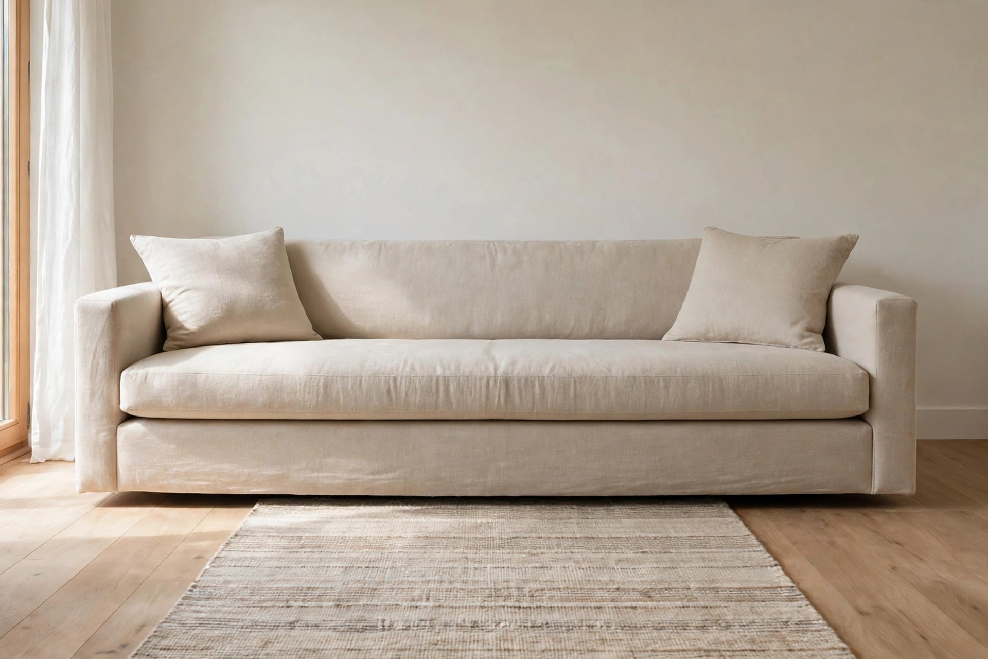 Long beige sofa with a narrow woven rug in front of it that ends before the sofa arms