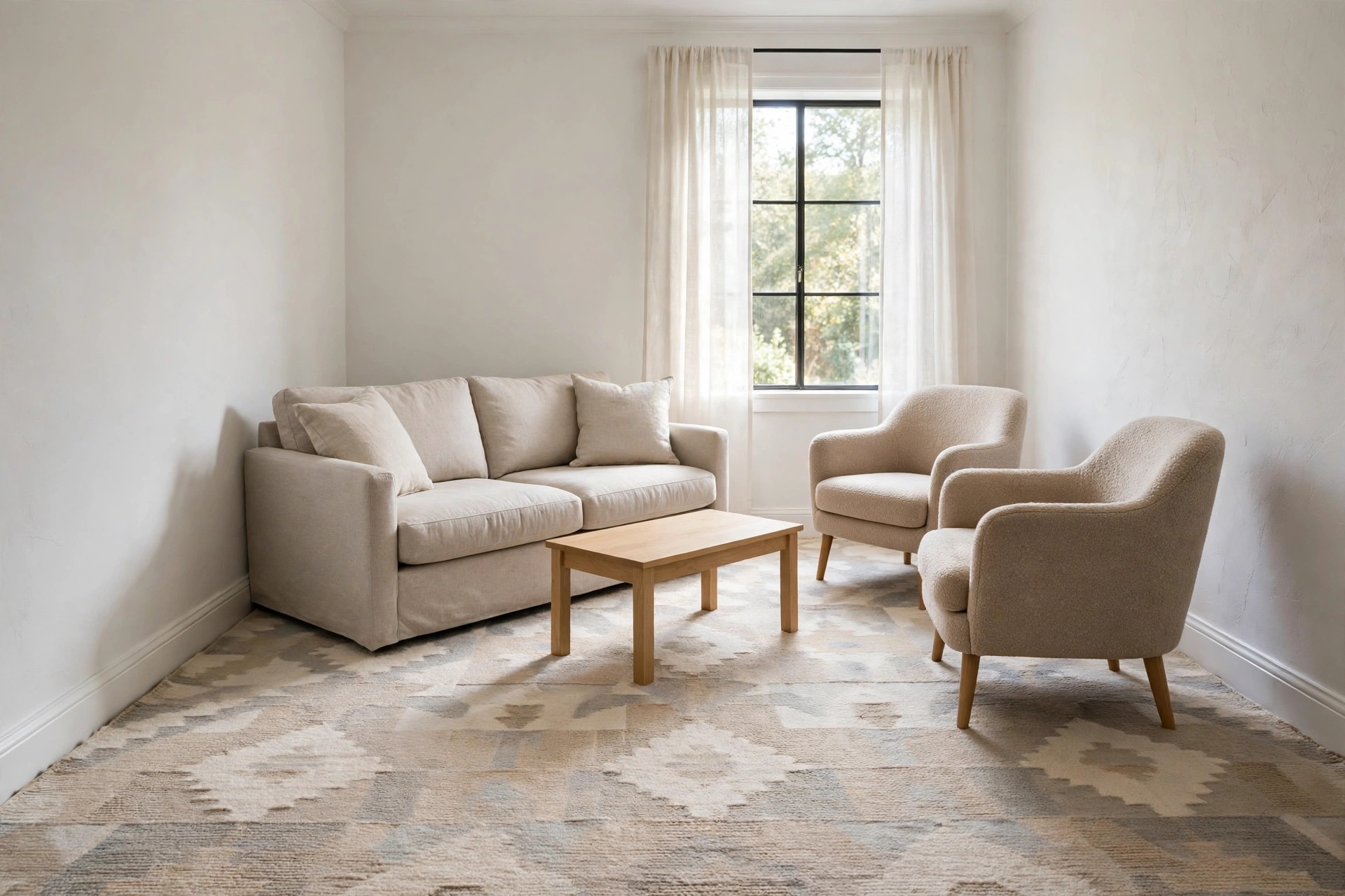 Small living room with a large patterned rug running wall to wall under a beige sofa and two chairs