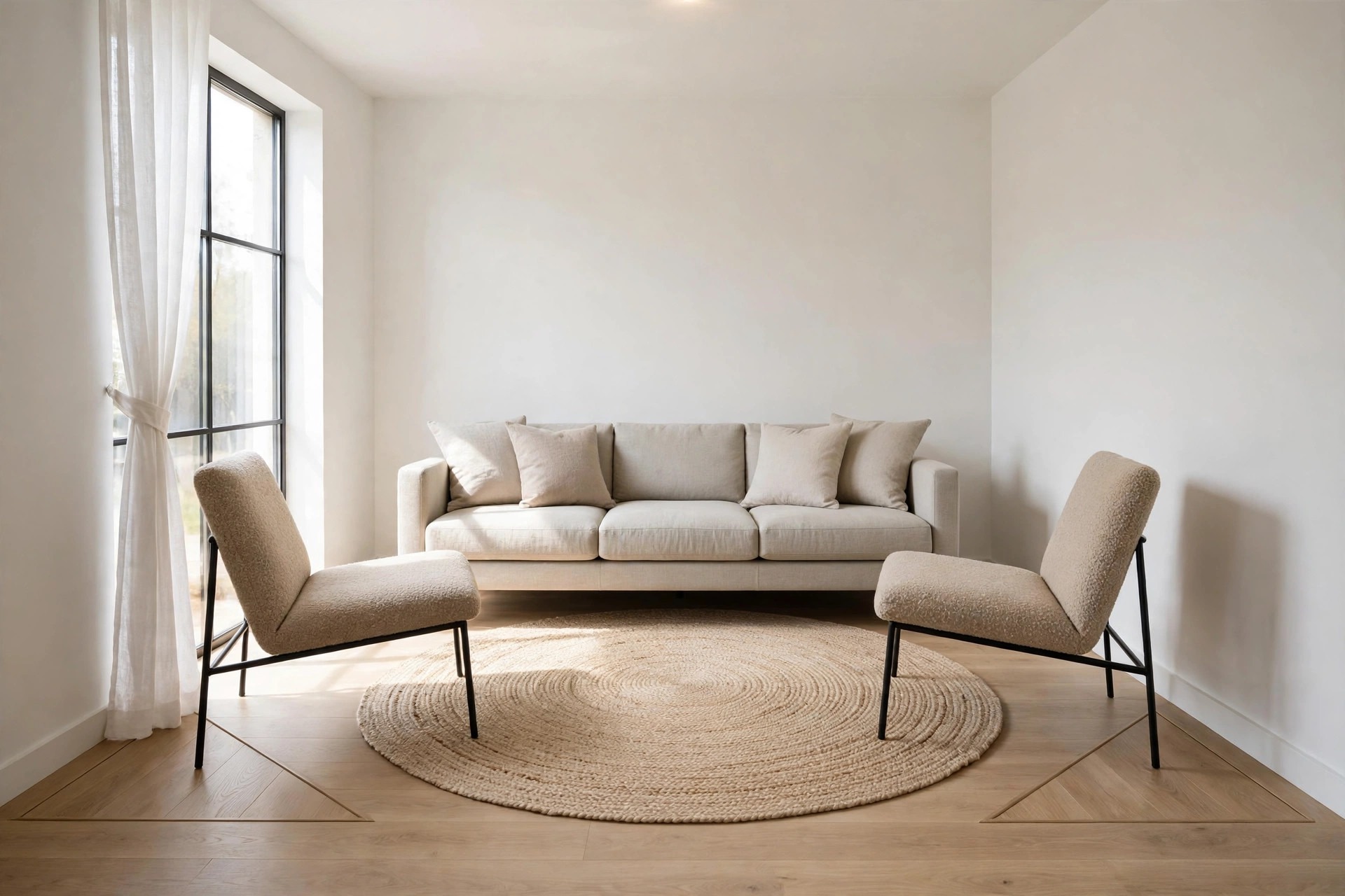 Round woven rug under a long beige sofa and two beige chairs, with bare wood floor at the corners of the seating group