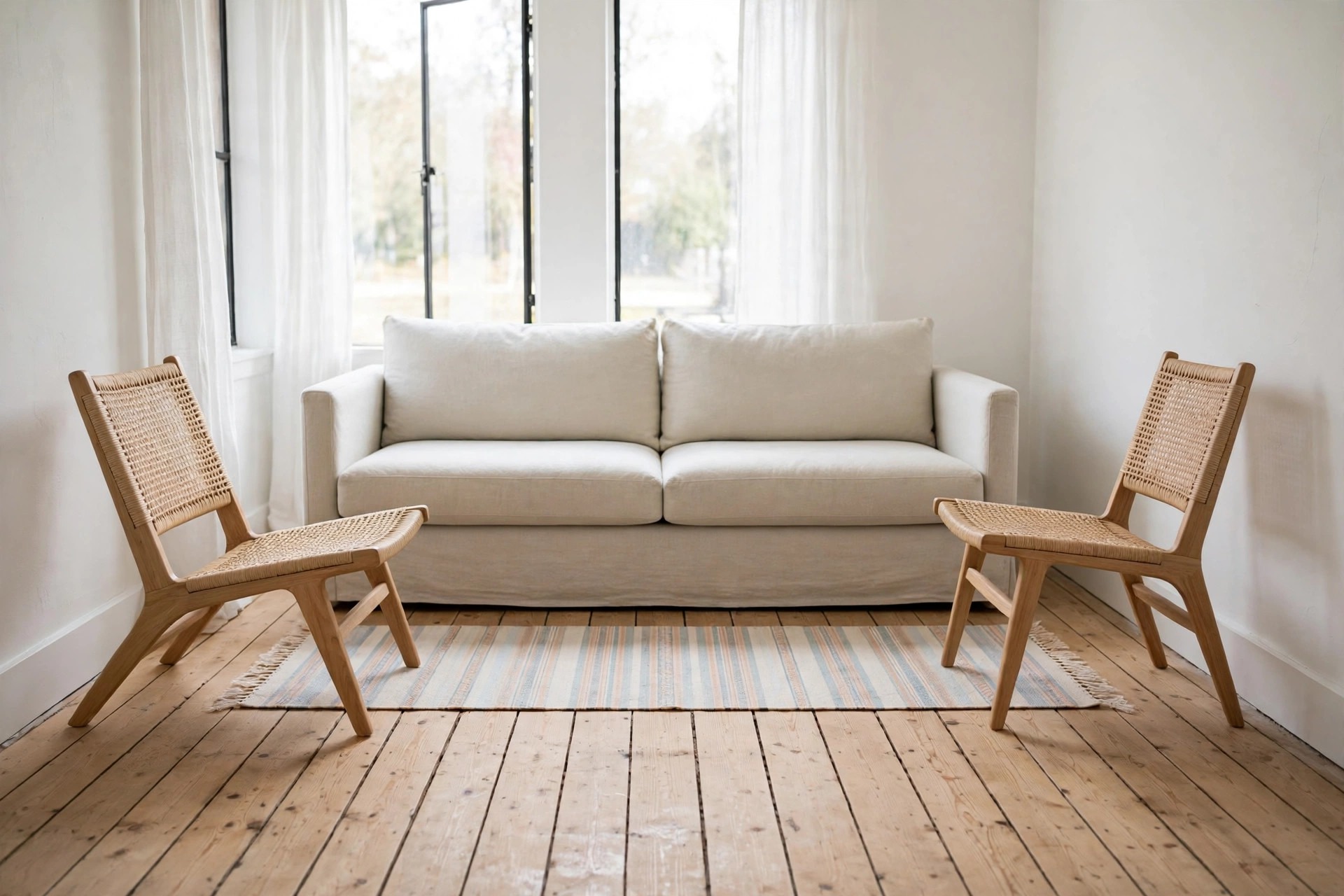 Thin striped runner rug laid in front of a white sofa, with woven chairs standing off the runner on wood floor