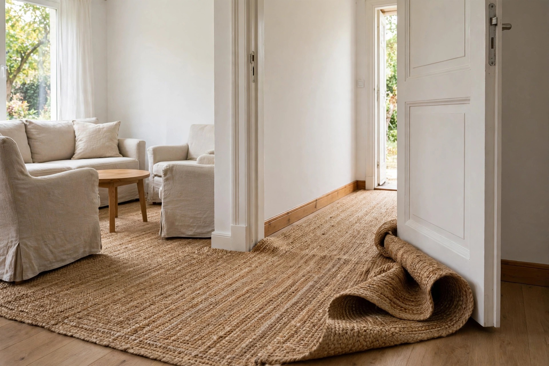 Woven rug bunched and rolled up against an open white door in a small living room with beige seating