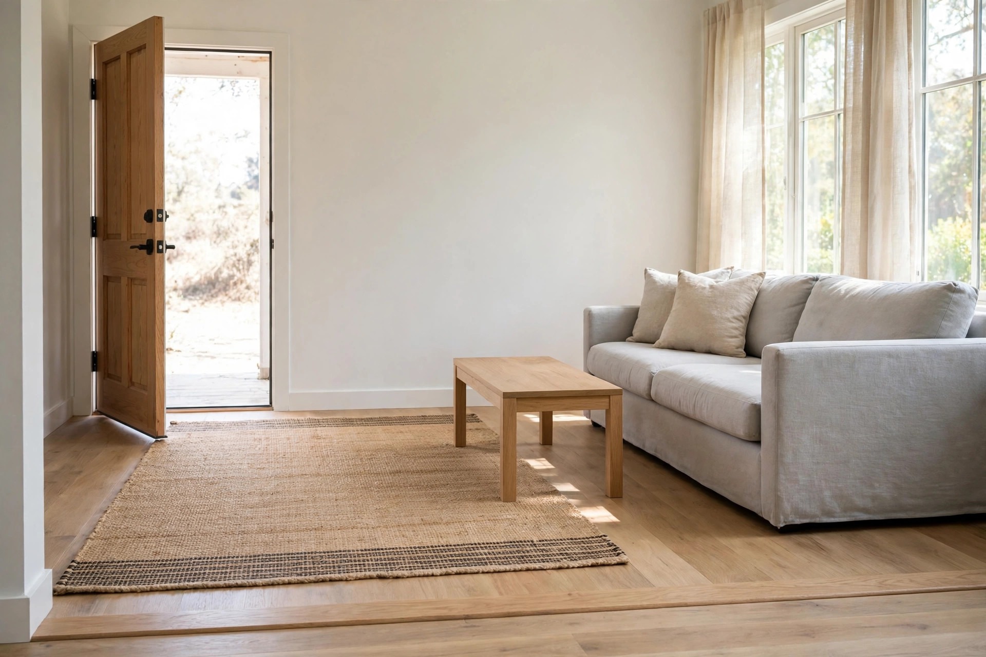 Woven rug laid across the walkway from an open wood door, beside a grey sofa and a wood coffee table