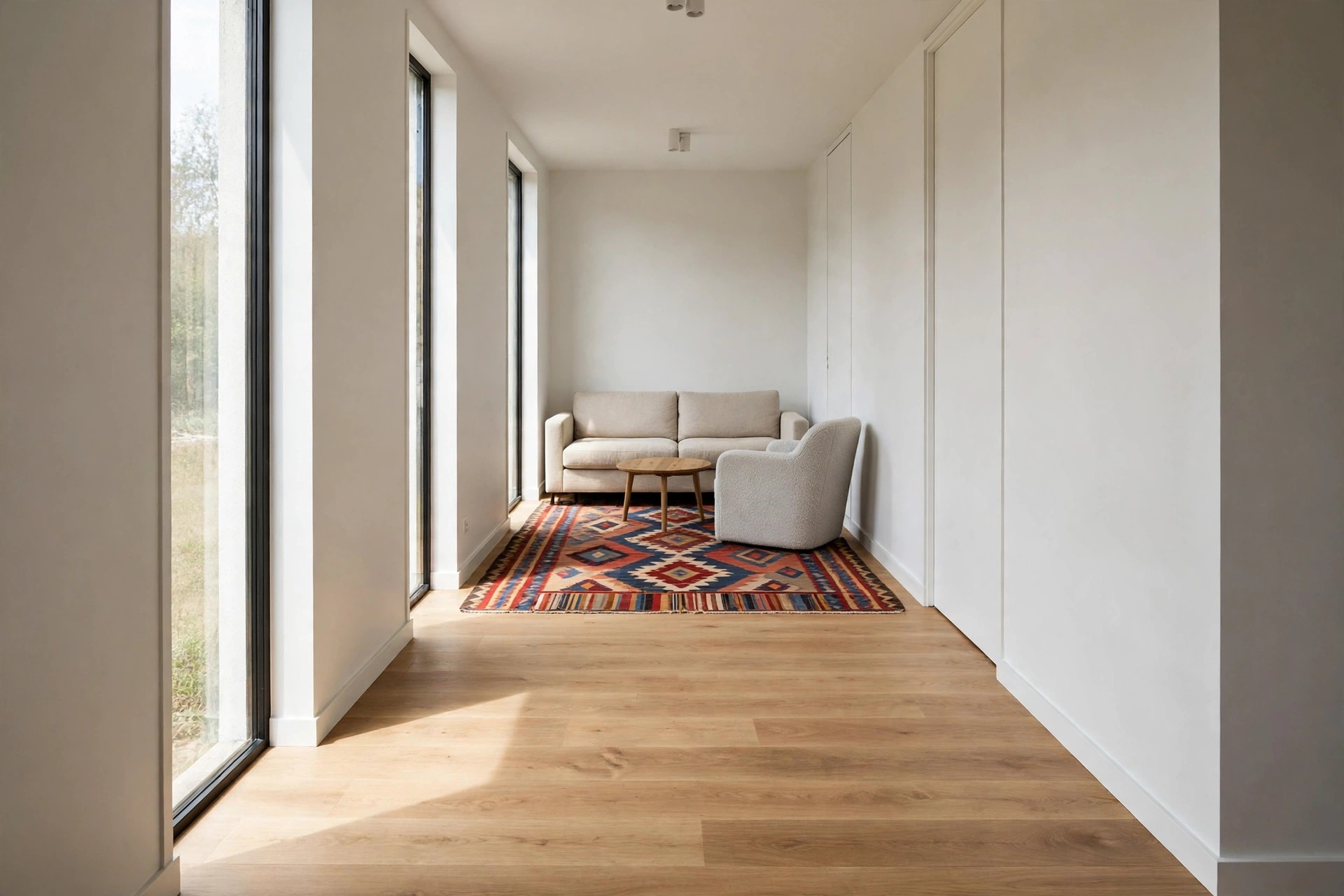 Narrow long living room with a seating group at the far end on a colorful patterned rug and bare wood floor in the foreground