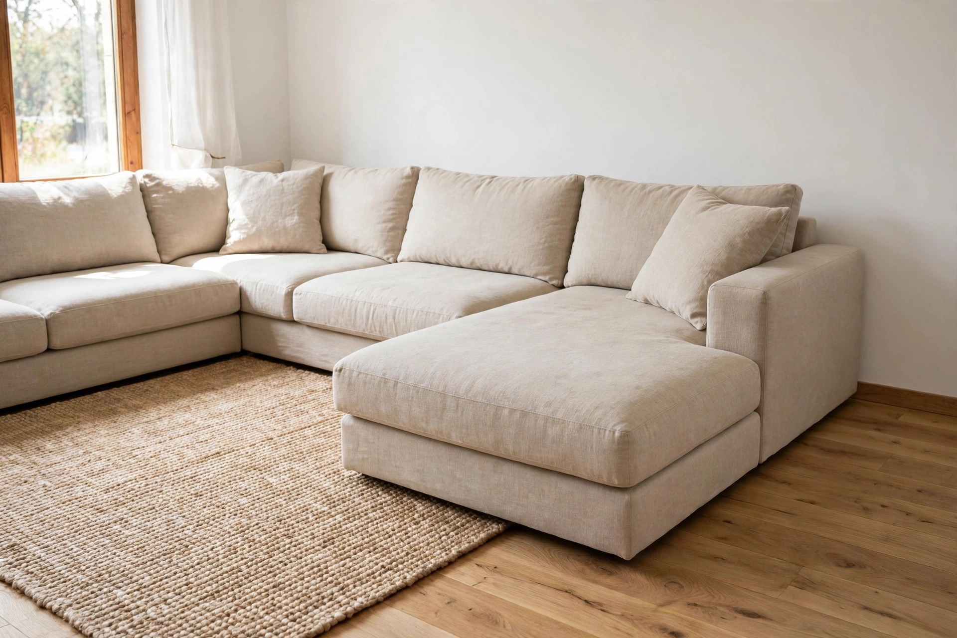 L-shaped beige sectional with its chaise sticking out onto bare wood floor beyond a woven rug