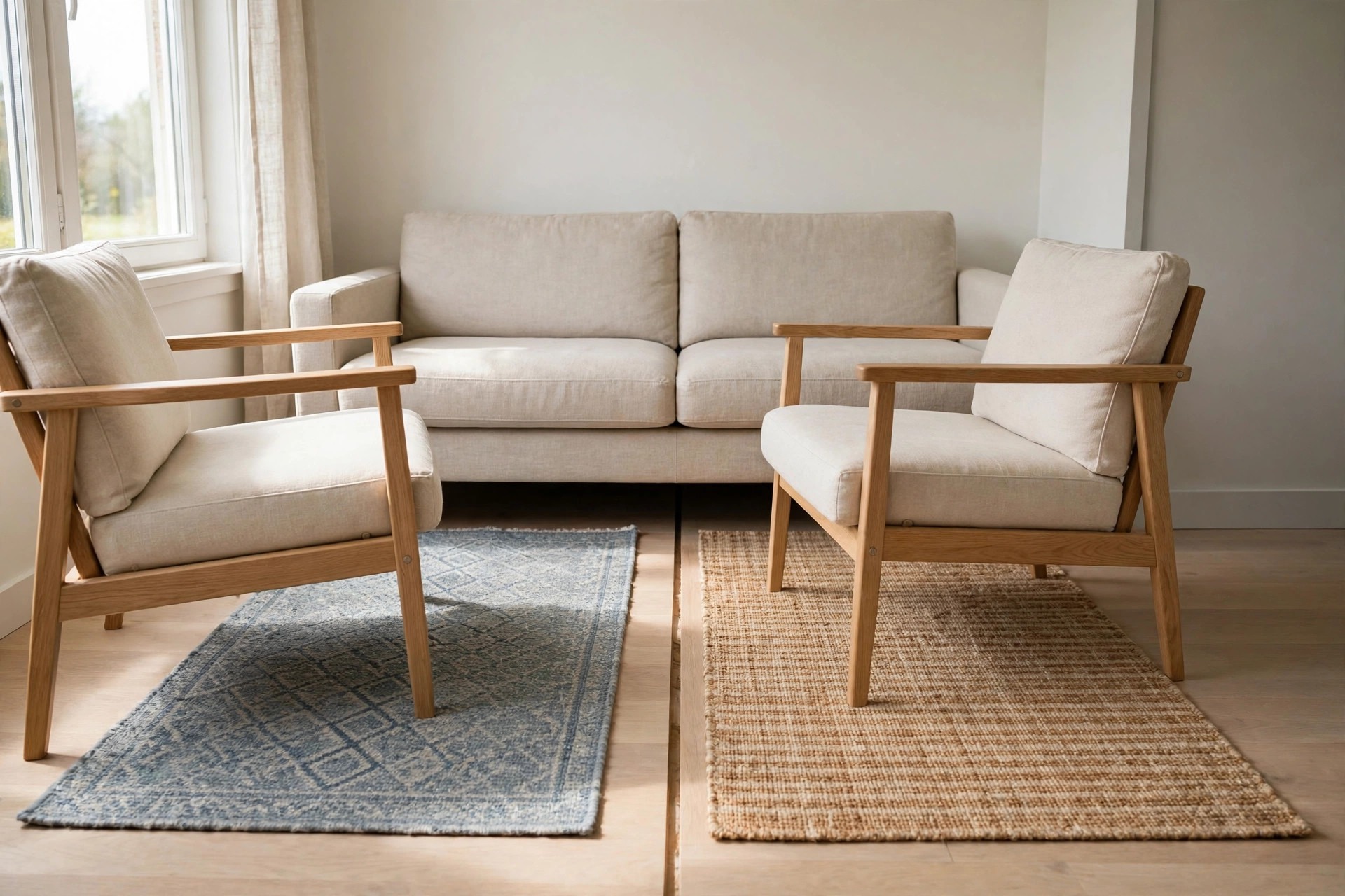Two separate rugs side by side with a seam gap between them, under a beige sofa and two wood chairs