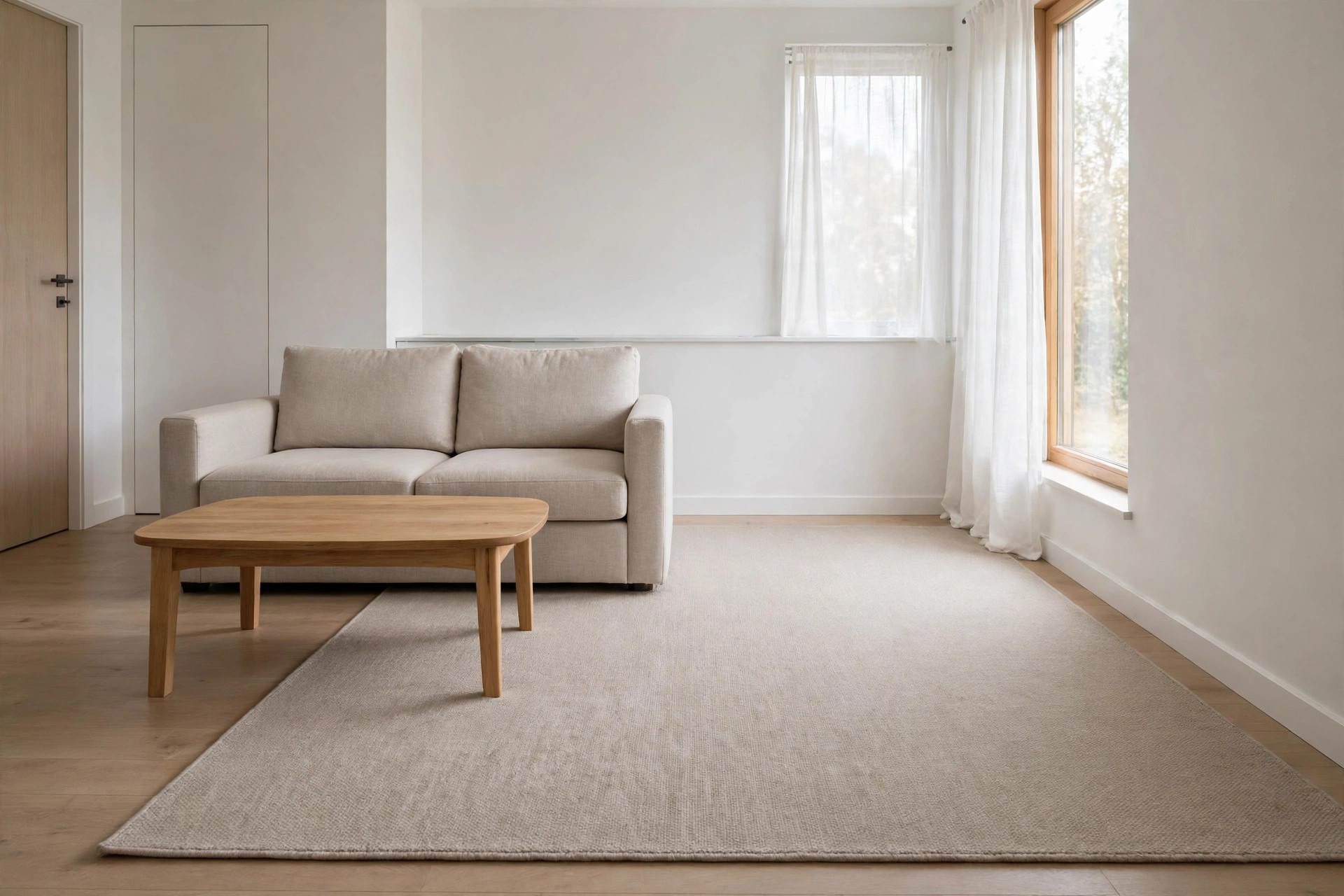 Flat light rug shifted to the right of a beige sofa, with a wood coffee table sitting partly off the rug