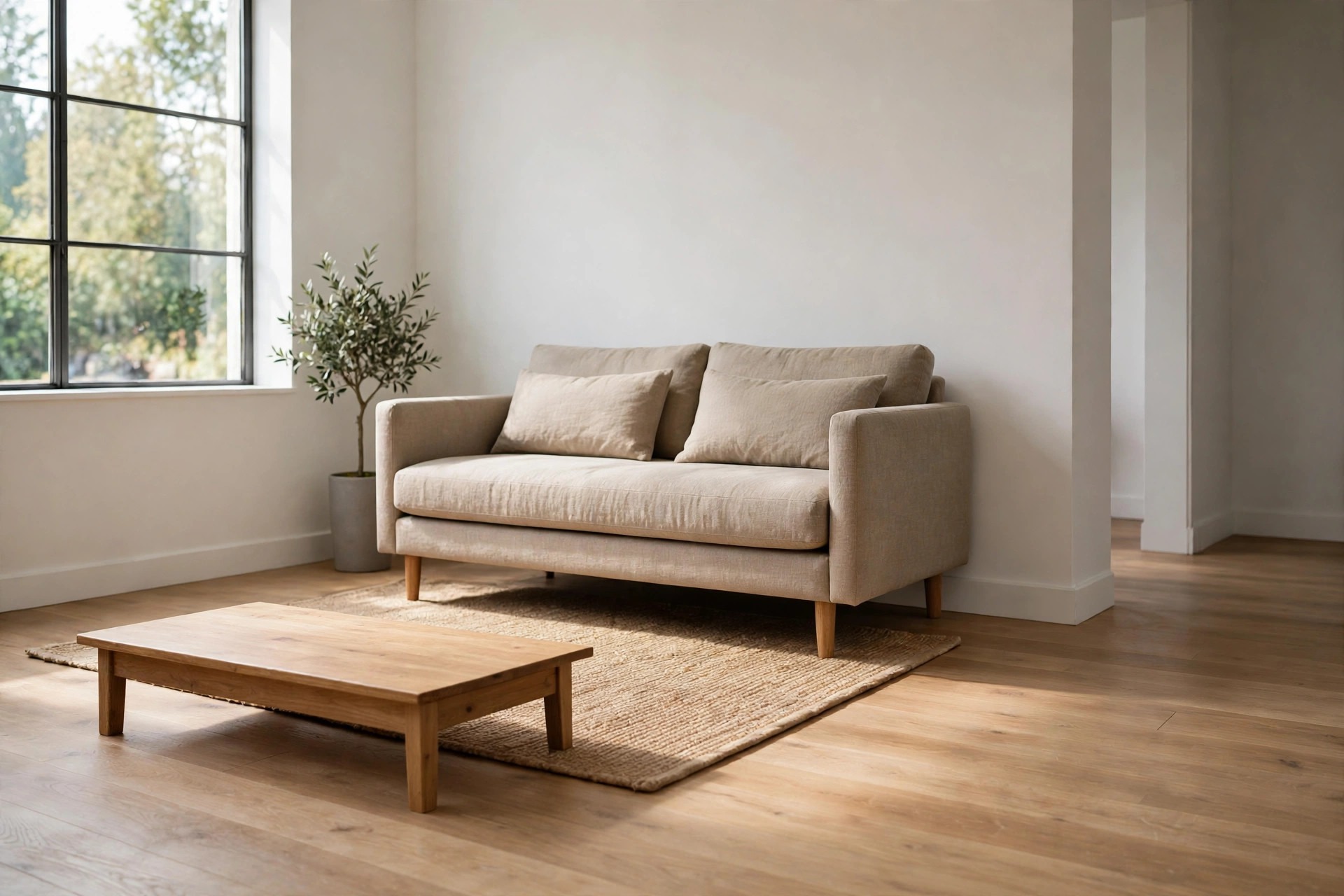 Shallow woven rug under the front legs of a beige sofa, with a low wood coffee table sitting half off the rug edge