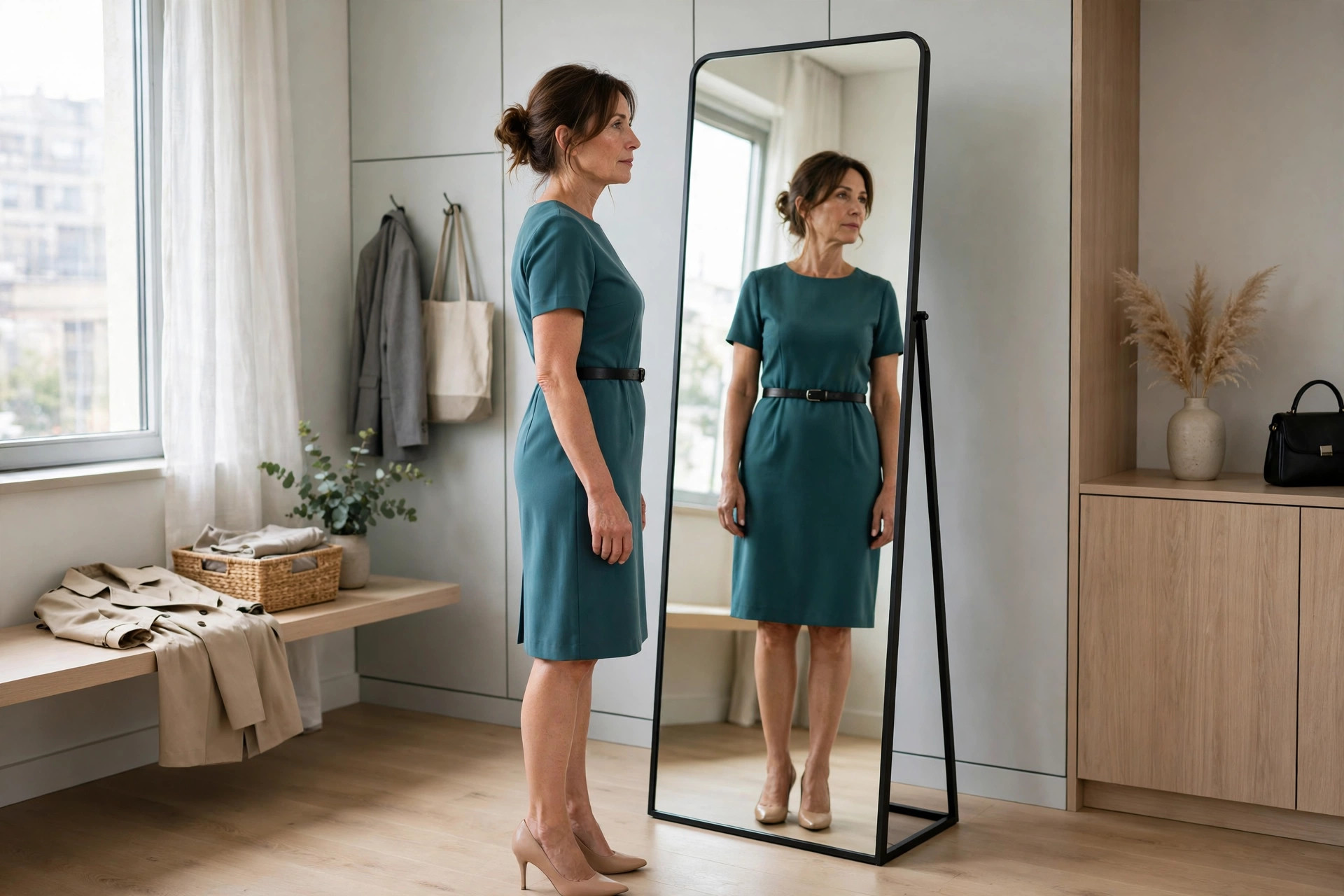 Woman in a teal dress with a slim belt standing sideways in front of a mirror