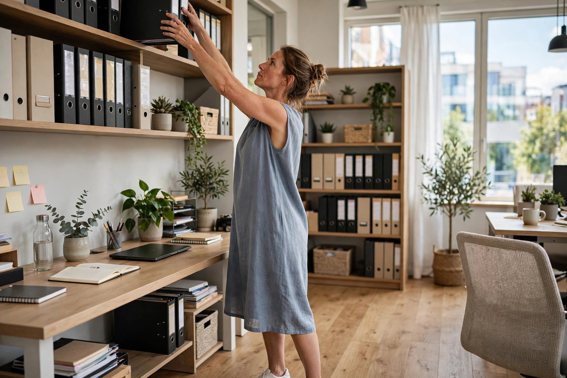 Woman wearing a loose blue-grey shift dress reaching for a binder on a high shelf