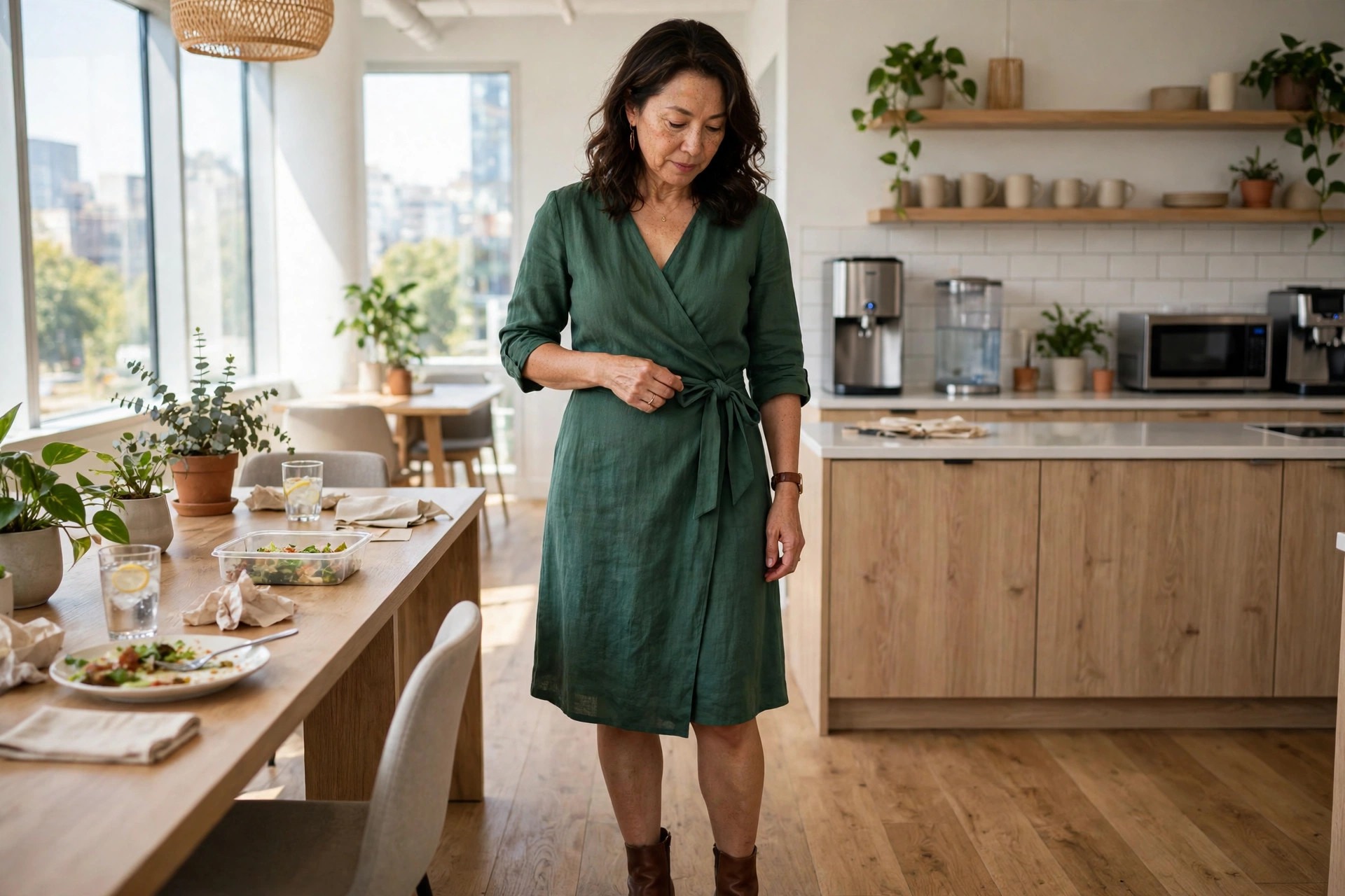 Woman wearing a green wrap dress checking its waist tie in an office break area