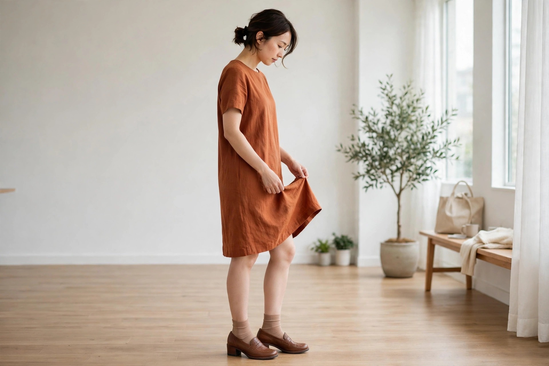 Petite woman wearing a rust shift dress checking her hem in side profile