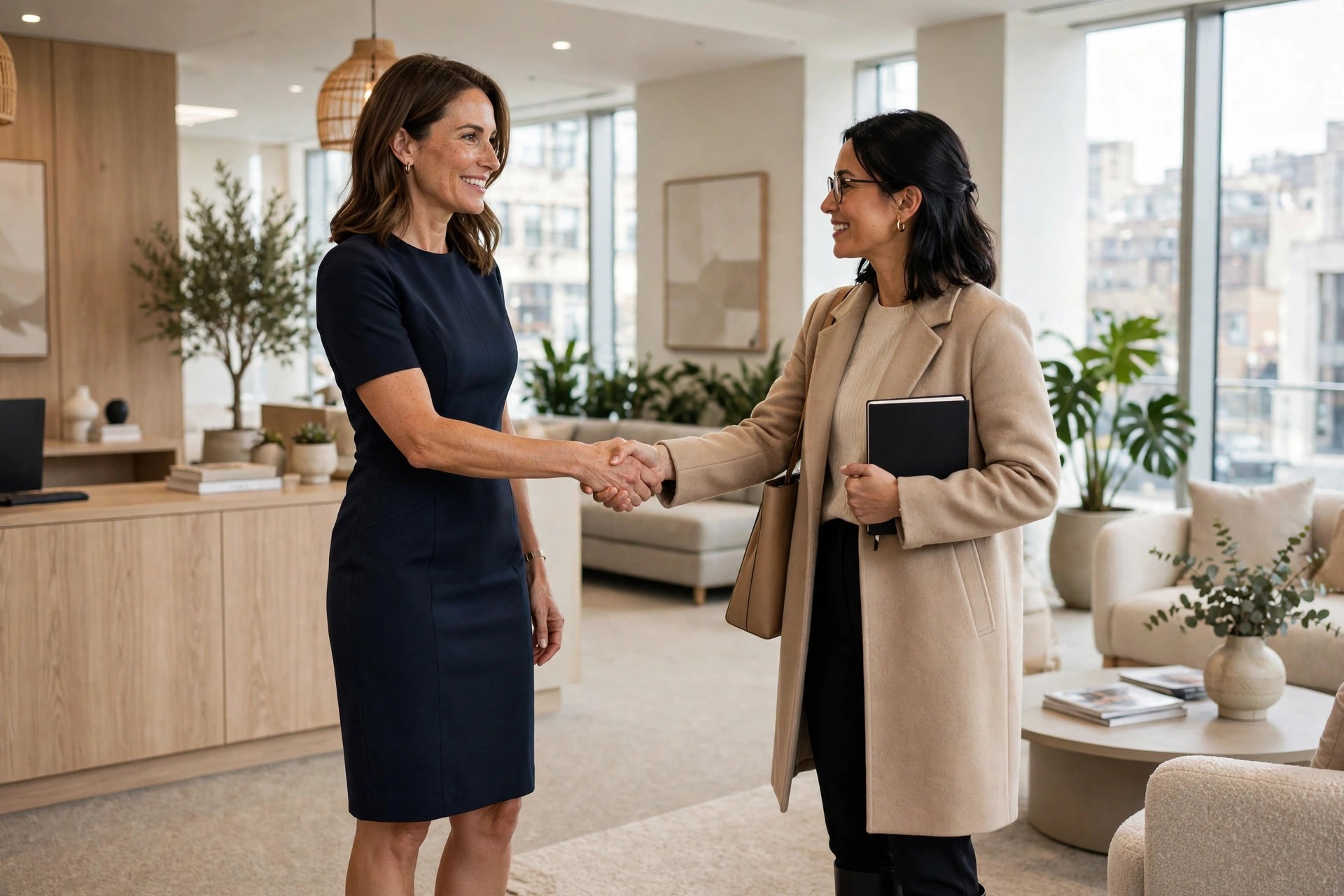 Woman wearing a navy sheath dress shaking hands with a client in an office