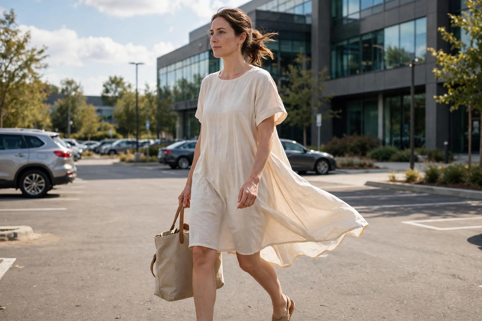 Woman wearing a cream shift dress walking toward an office on a sunny day