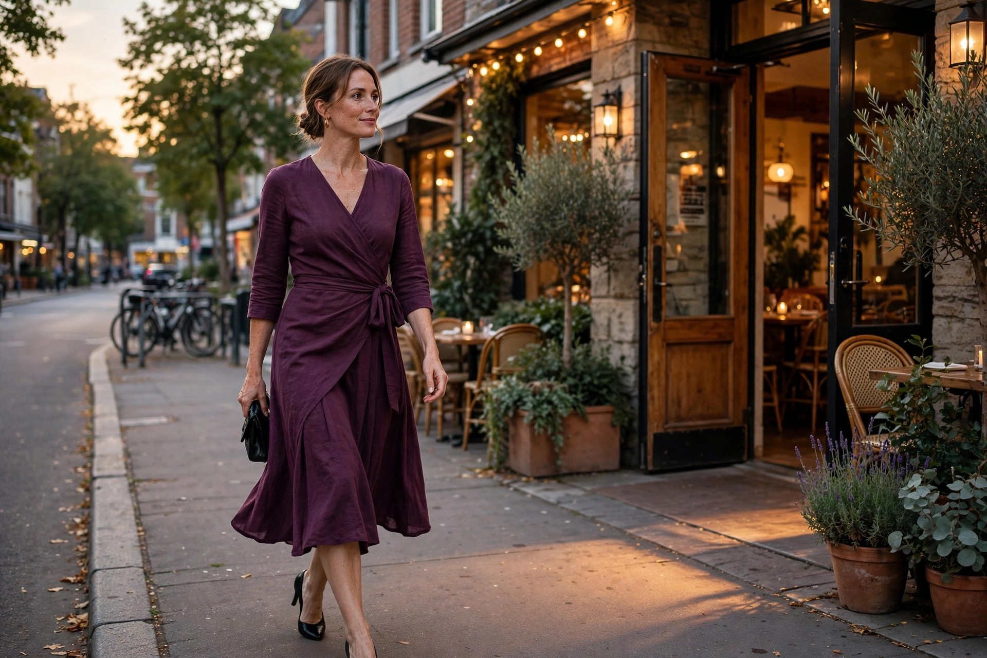 Woman wearing a plum wrap dress with a clutch outside a restaurant in the evening