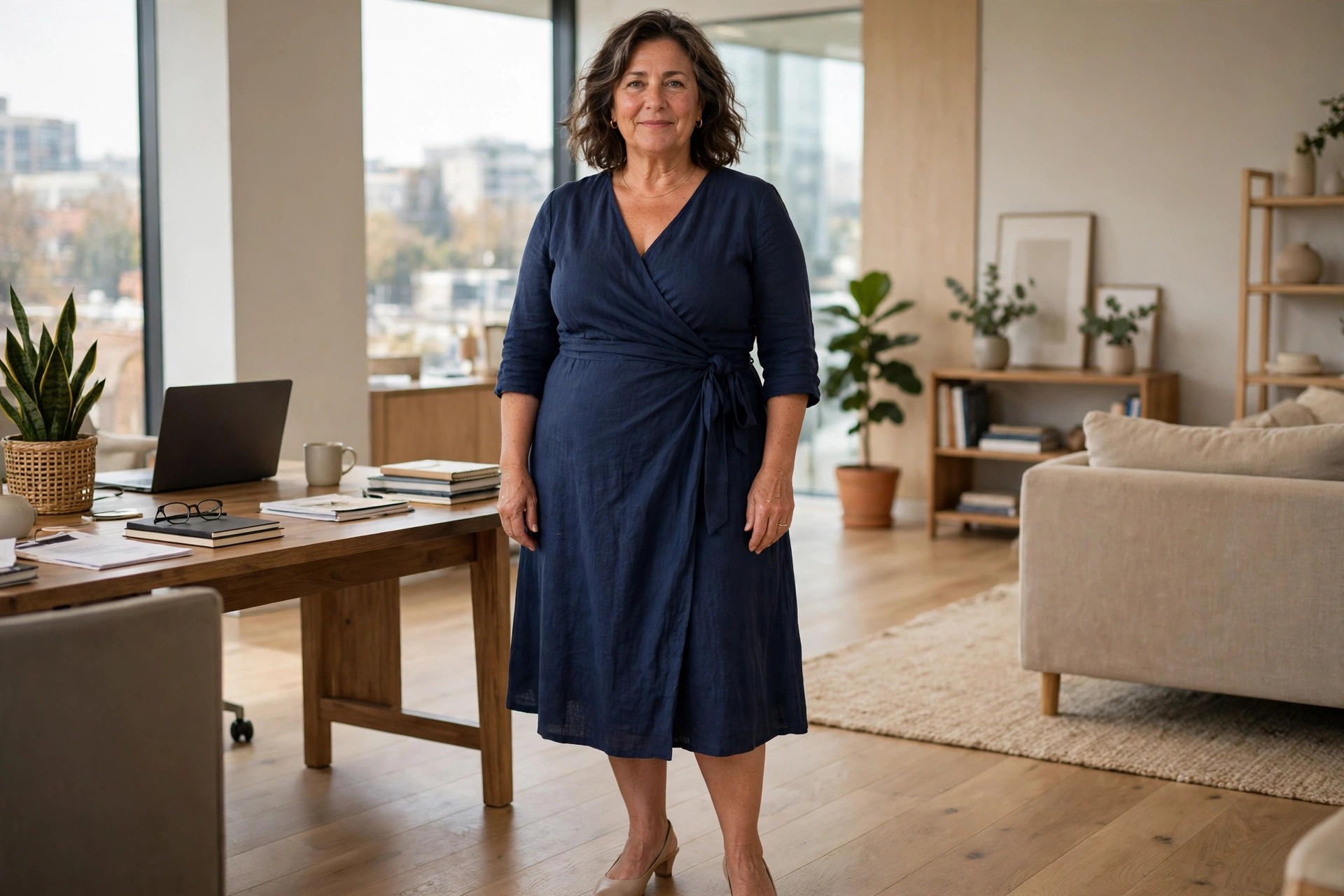 Woman wearing a navy wrap dress standing in an office, skirt skimming her middle