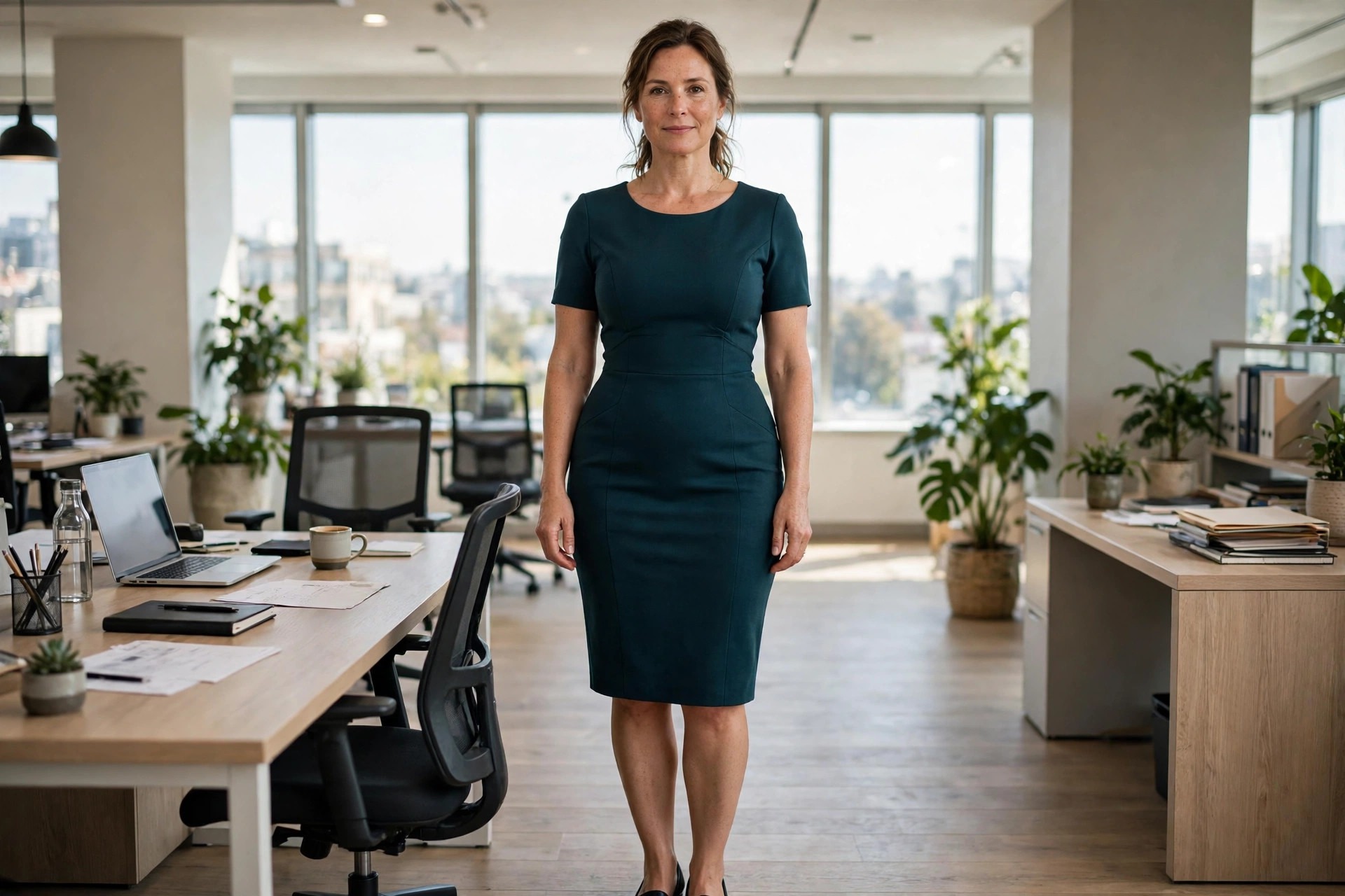 Woman wearing a dark teal sheath dress standing in an office