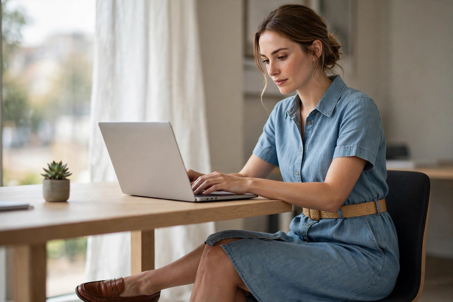 Woman seated at a desk with a laptop, wearing a light blue chambray short-sleeve shirt dress with a woven tan belt