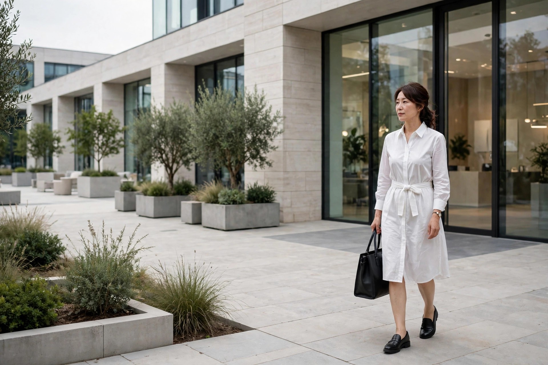 Woman walking outside an office building in a white self-belted shirt dress, black loafers, and a black tote