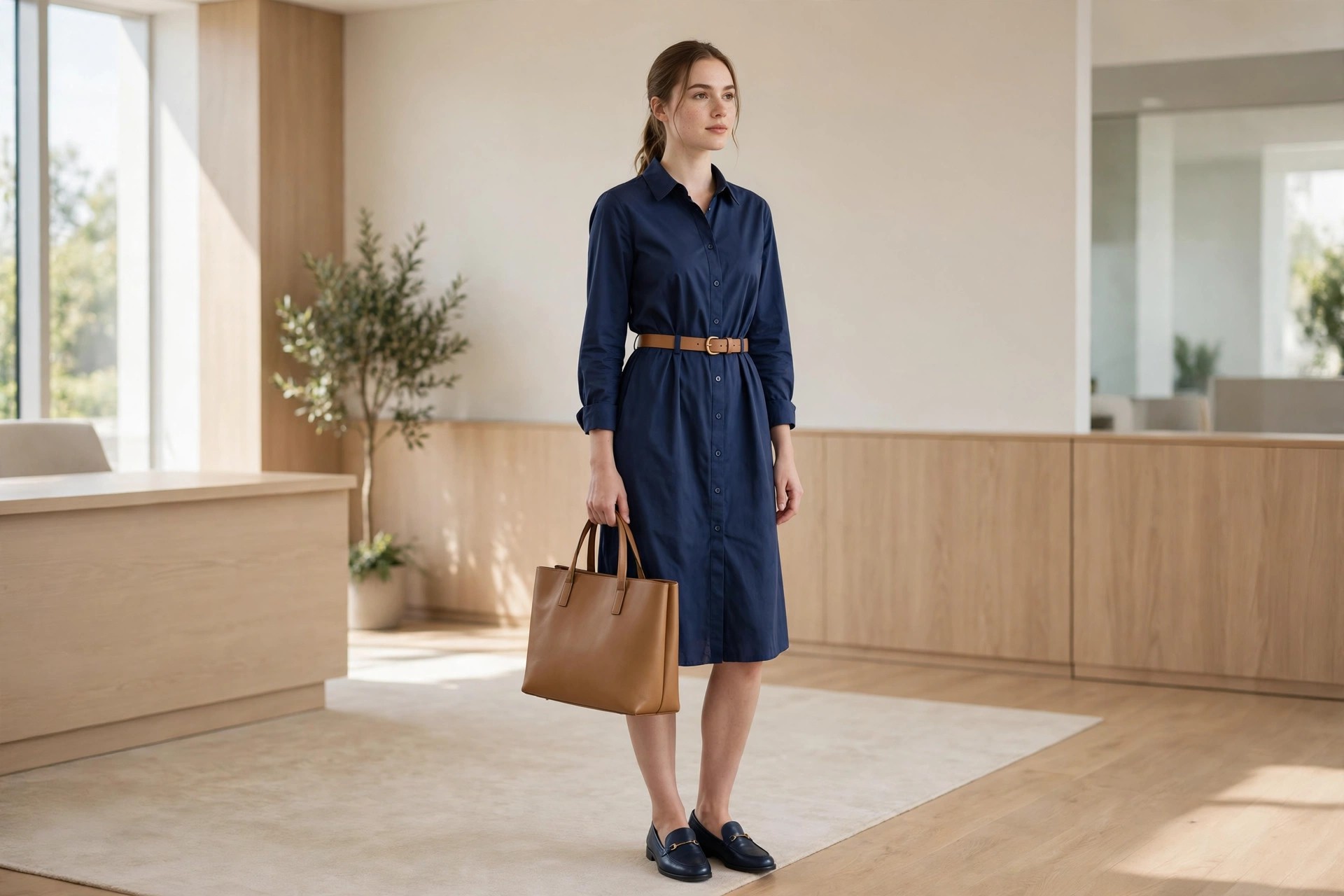 Woman in a navy poplin shirt dress with a tan belt and navy loafers, holding a tan tote in a reception area