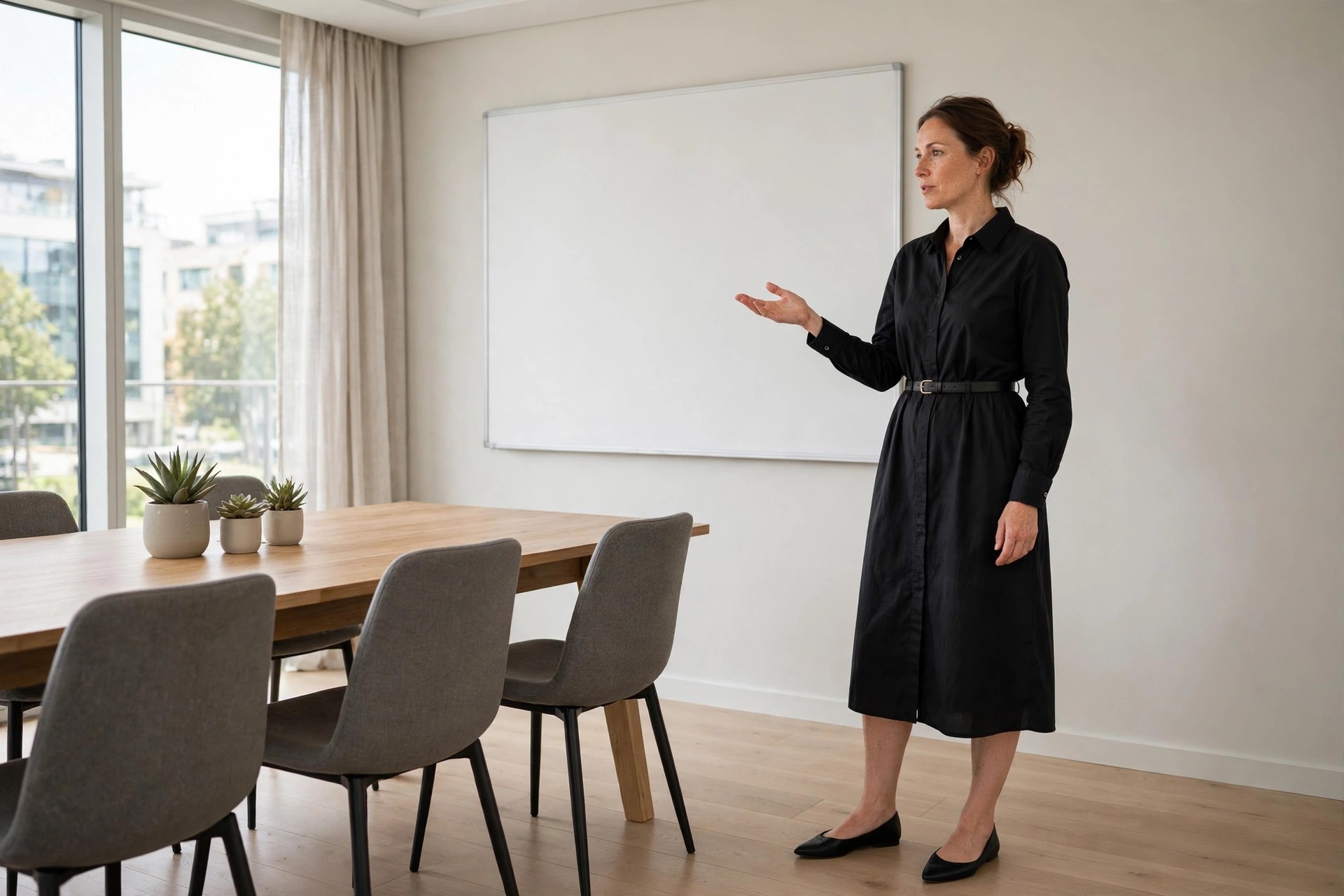 Woman presenting in a black midi shirt dress with a slim black belt and black flats