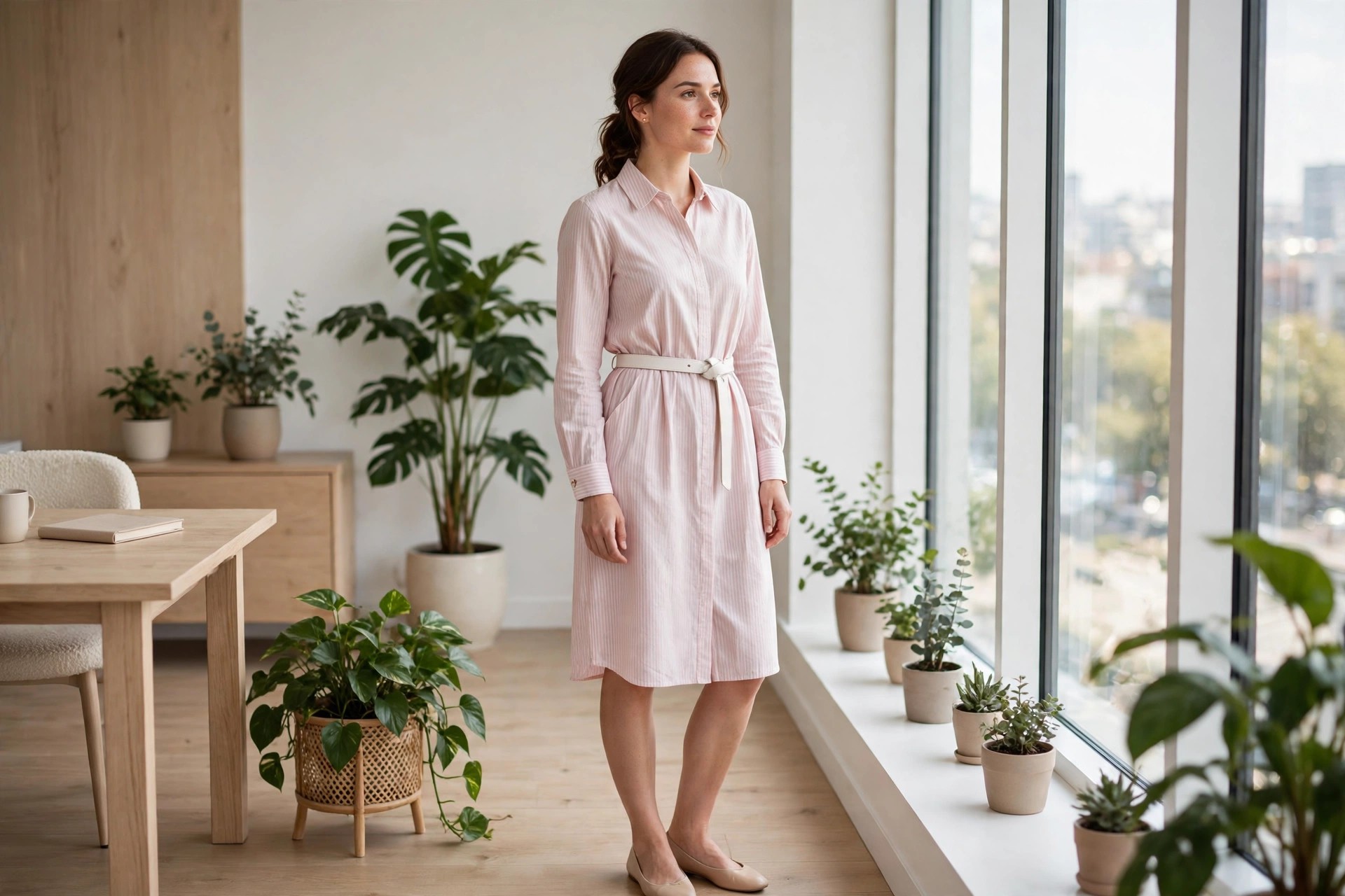 Woman by office windows in a pale pink striped shirt dress with a white belt and nude flats