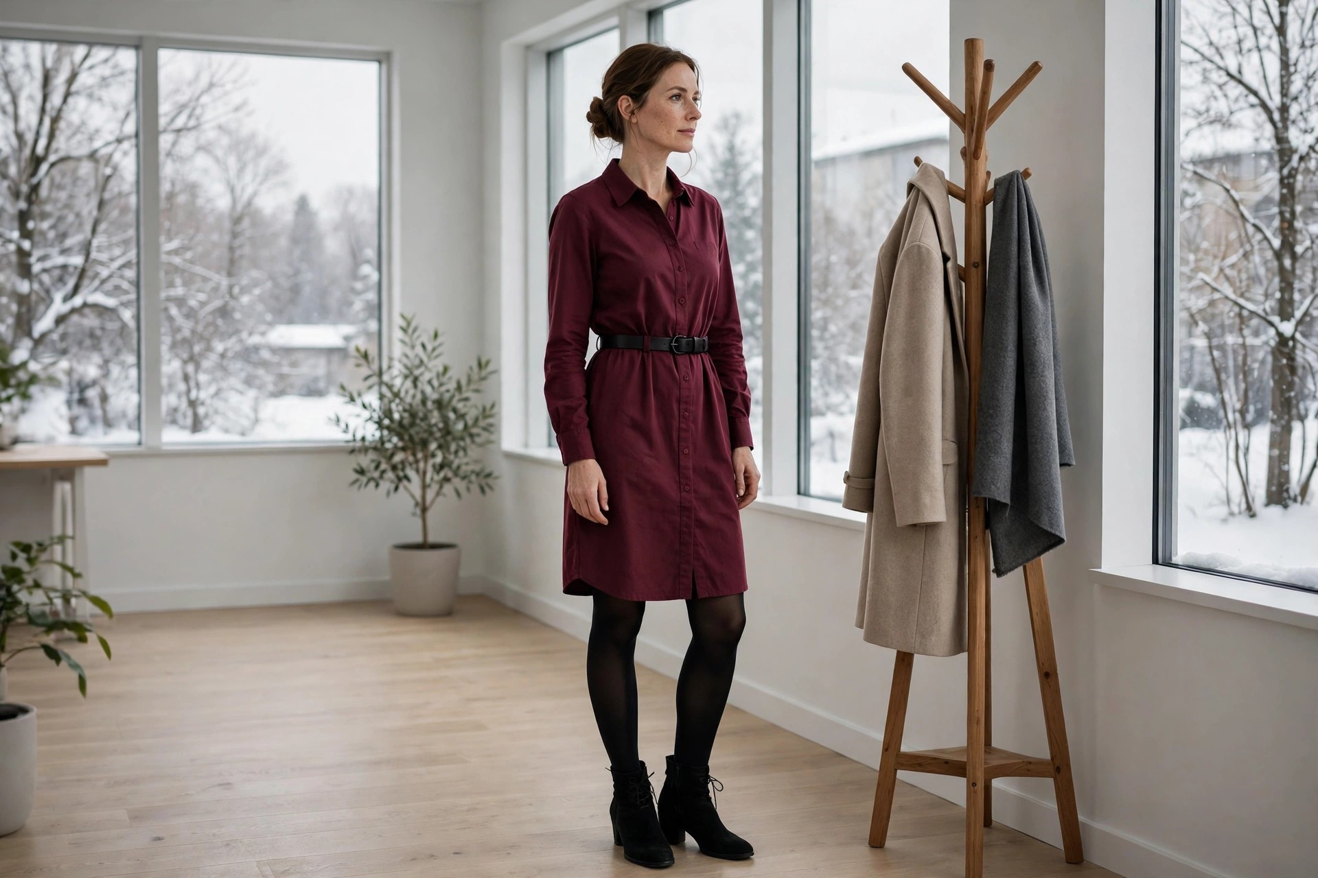 Woman in a burgundy shirt dress with a black belt, black tights, and black ankle boots beside a coat rack