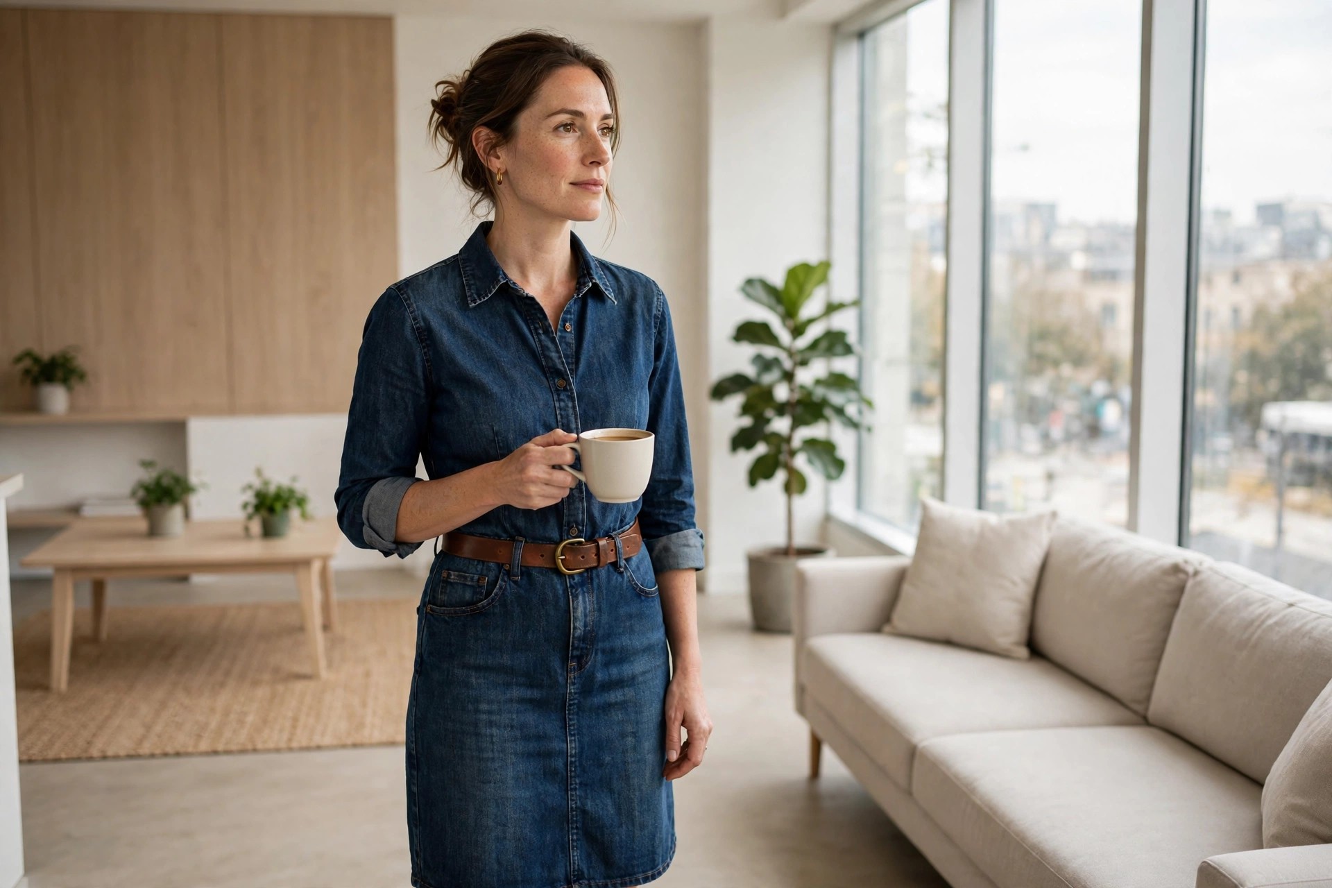 Woman holding a coffee cup in a dark denim shirt dress with rolled sleeves and a brown leather belt