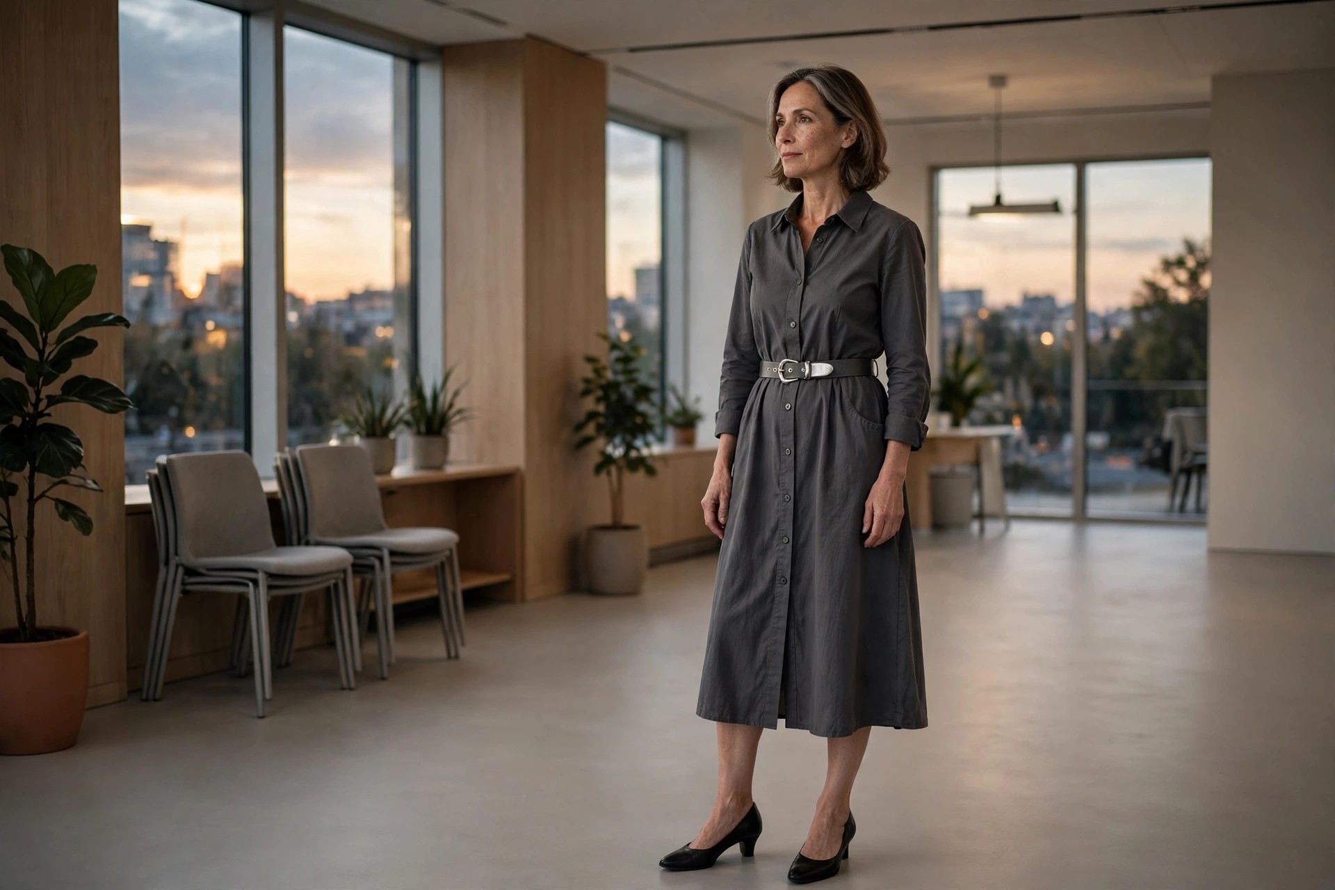 Woman in a charcoal midi shirt dress with a silver buckle belt and black low heels in an evening office