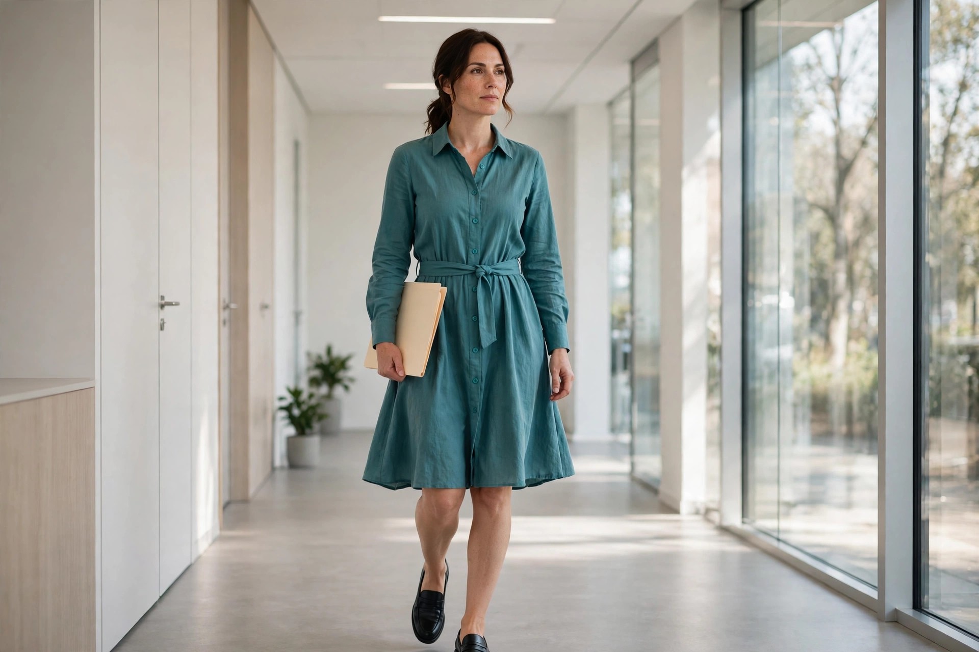 Woman walking an office hallway in a teal flared shirt dress with a matching self belt, carrying a folder