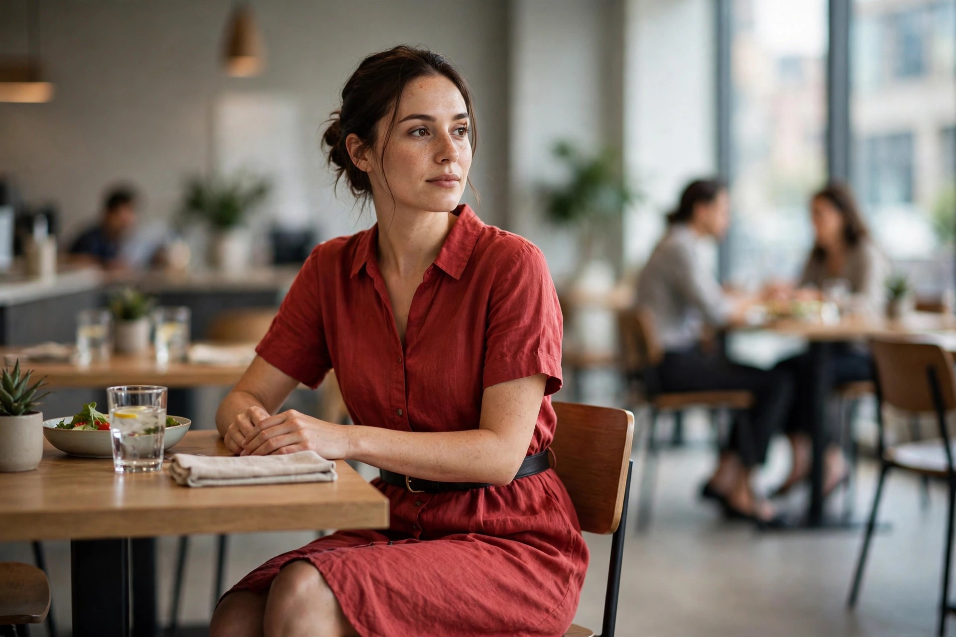 Woman seated at a lunch table in a brick red short-sleeve shirt dress with a black belt