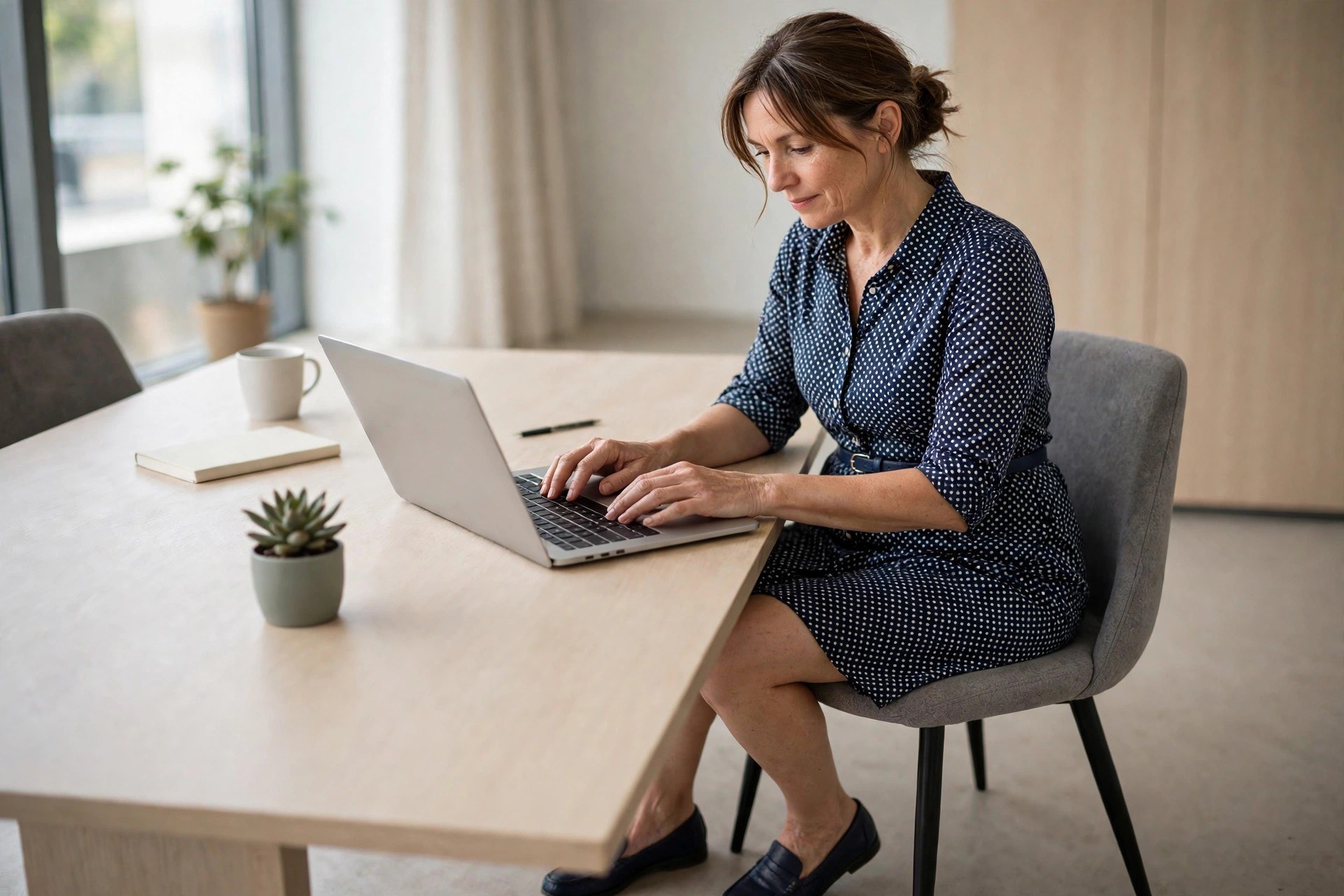 Woman typing at a desk in a navy polka dot shirt dress with a navy belt and navy loafers