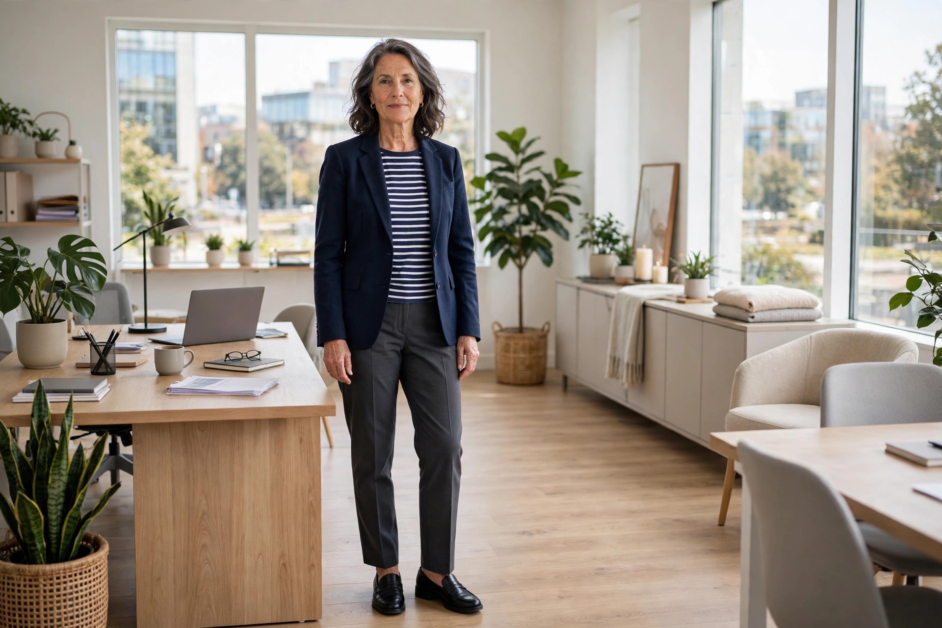 Woman over 50 in a navy blazer over a striped top with charcoal trousers and black loafers in an office