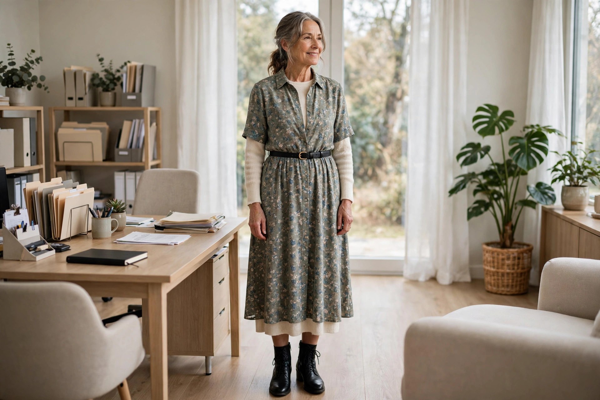 Woman over 50 in a floral midi dress with a cream knit underneath, a black belt and black ankle boots in an office