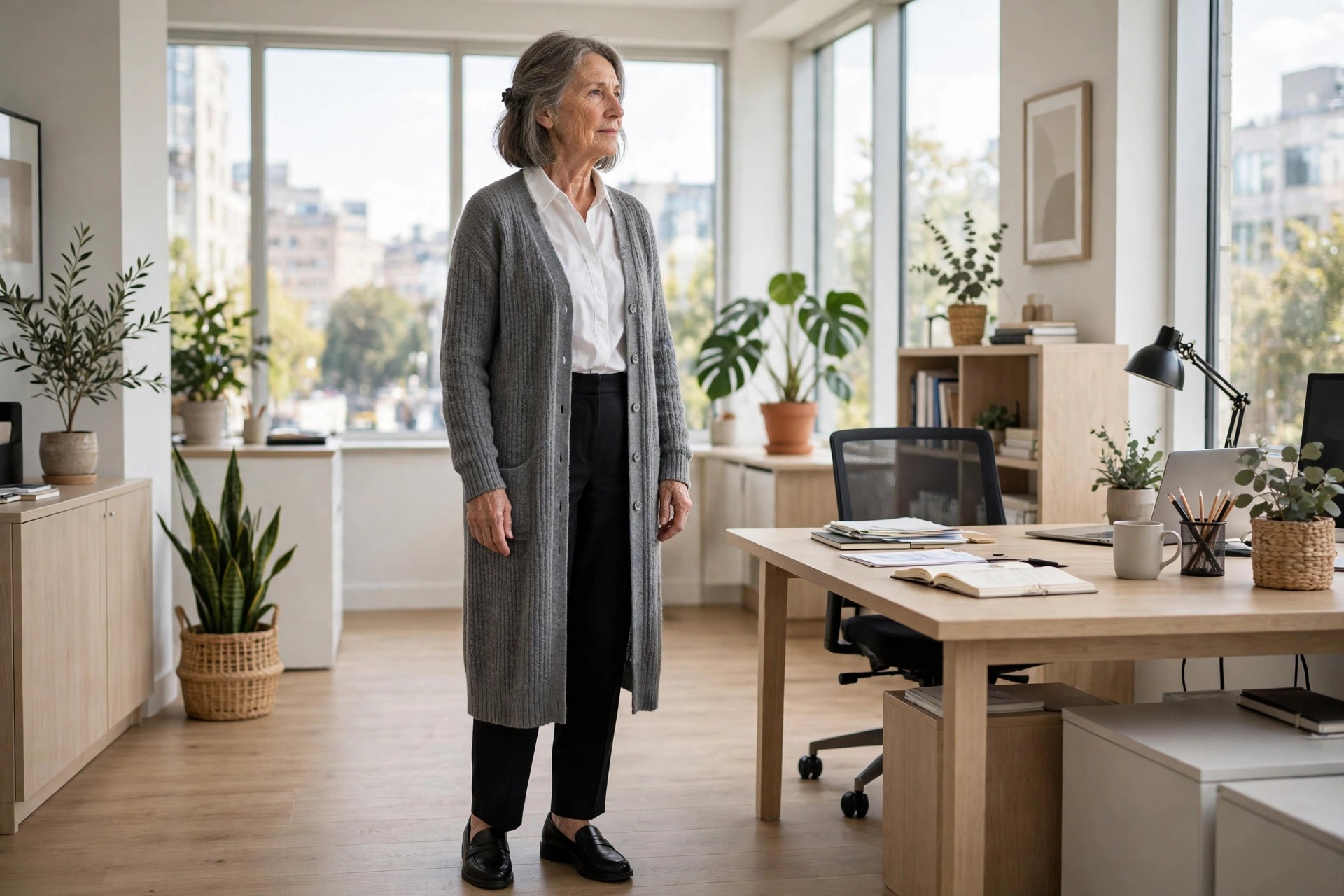 Woman over 50 in a long grey cardigan over a white shirt with black trousers and black loafers in an office