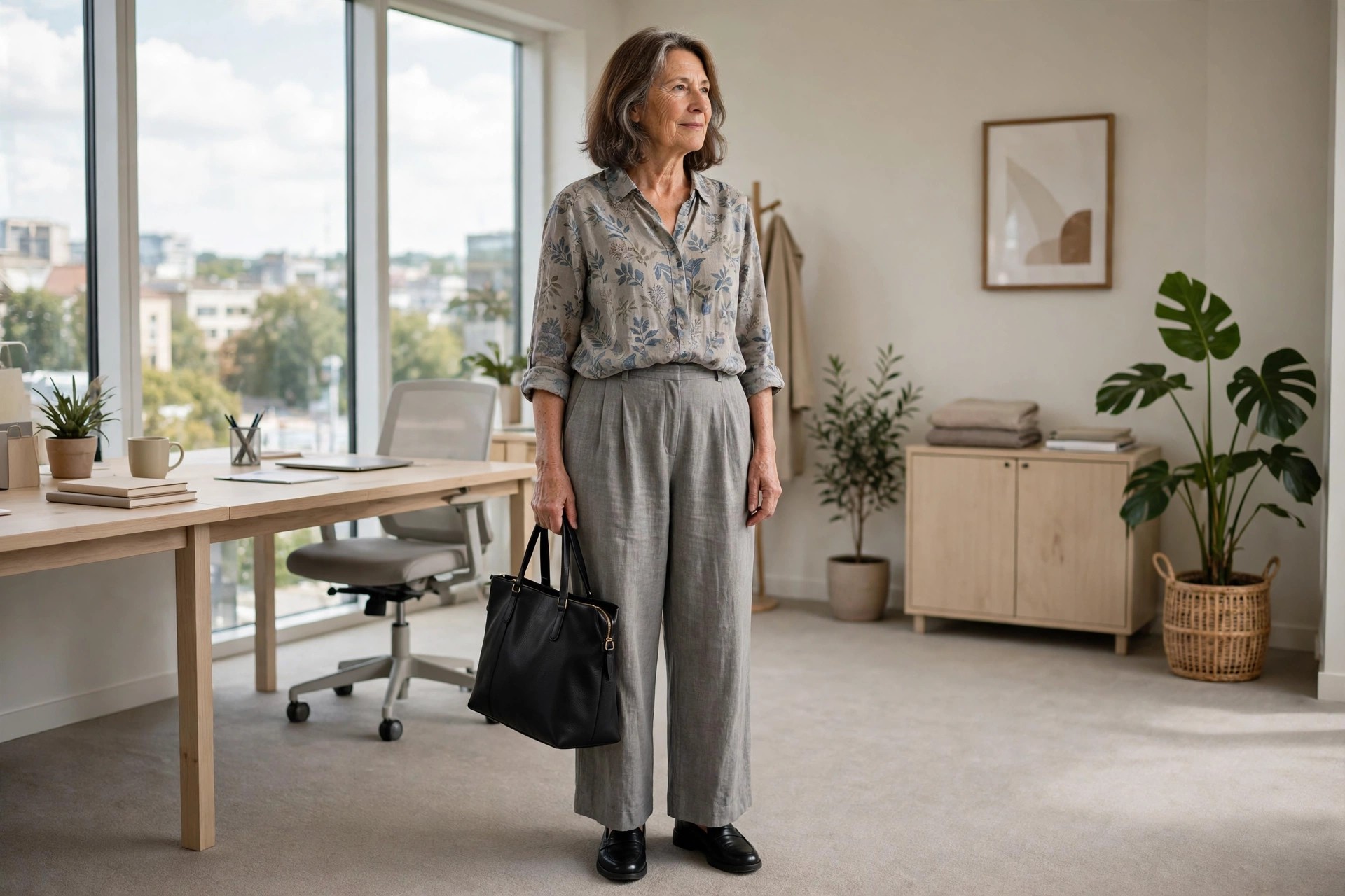 Woman over 50 in a printed blouse with grey wide leg trousers and black loafers holding a black tote in an office