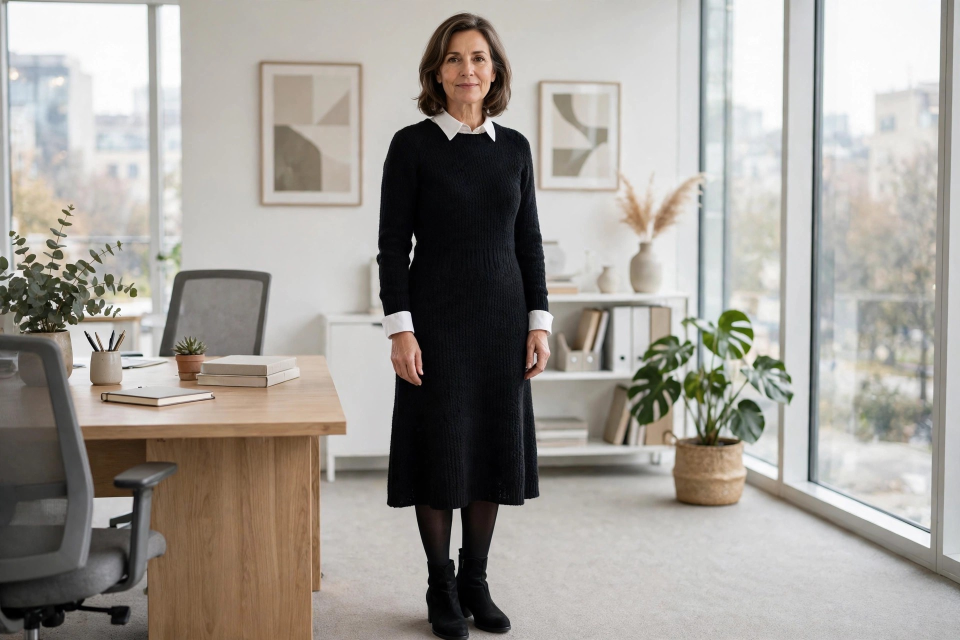 Woman over 50 in a black knit dress over a white collared shirt with black tights and ankle boots in an office