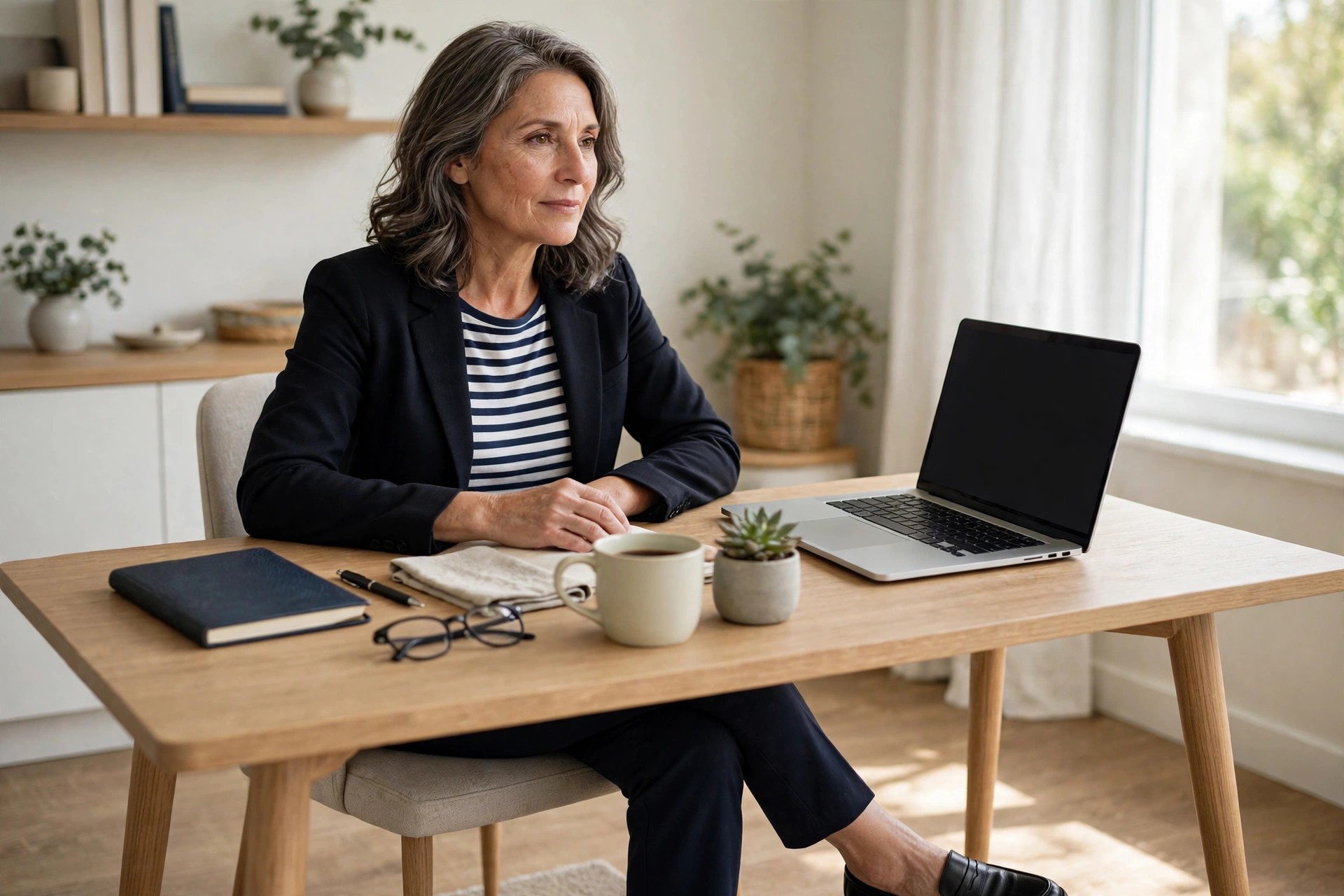 Woman over 50 in a striped tee under a black blazer with navy trousers sitting at a home office desk
