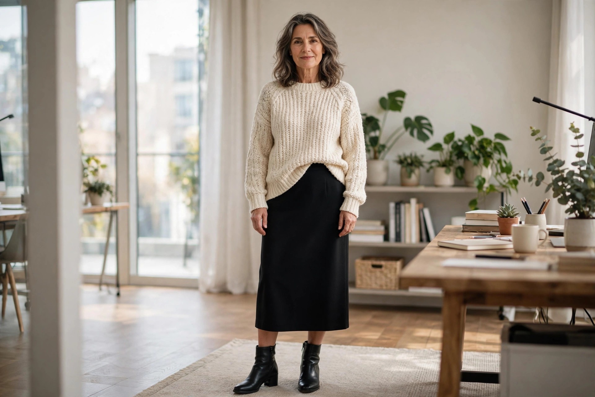 Woman over 50 in a chunky cream knit sweater with a black straight midi skirt and black ankle boots in an office