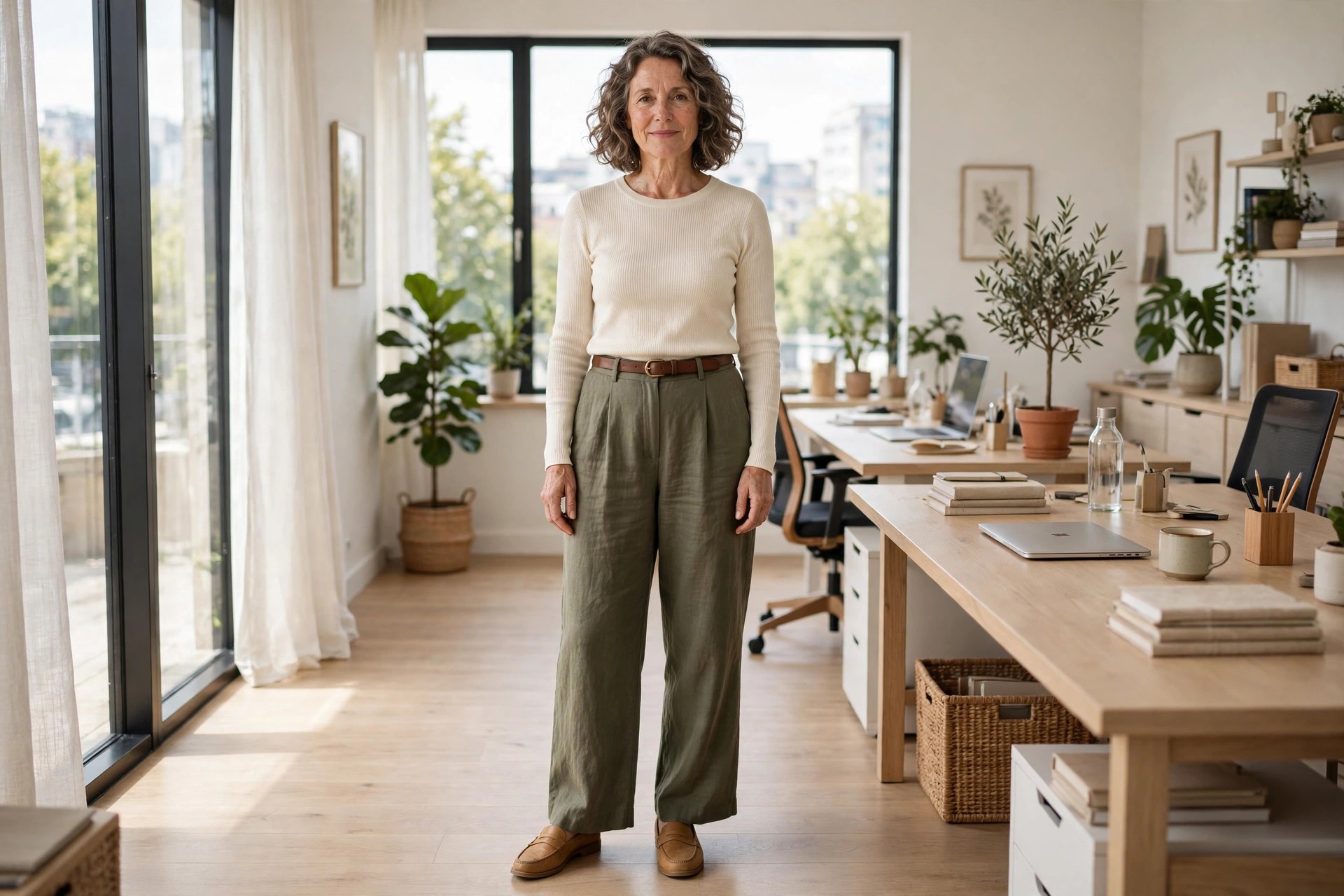 Woman over 50 in a fitted cream knit with olive wide leg trousers, a brown belt and tan loafers in an office