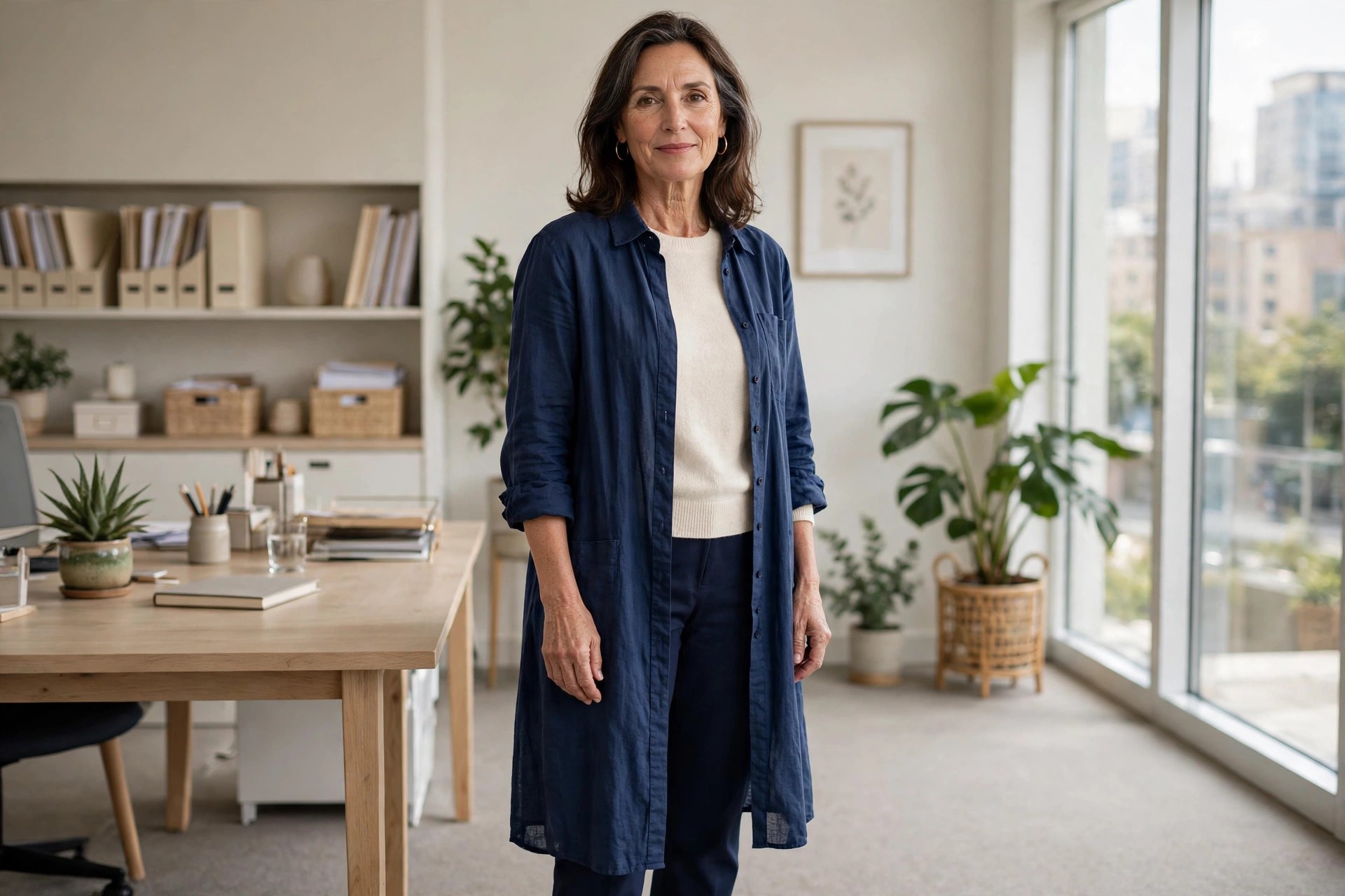 Woman over 50 wearing an open navy shirt dress as a long layer over a cream top and navy trousers in an office