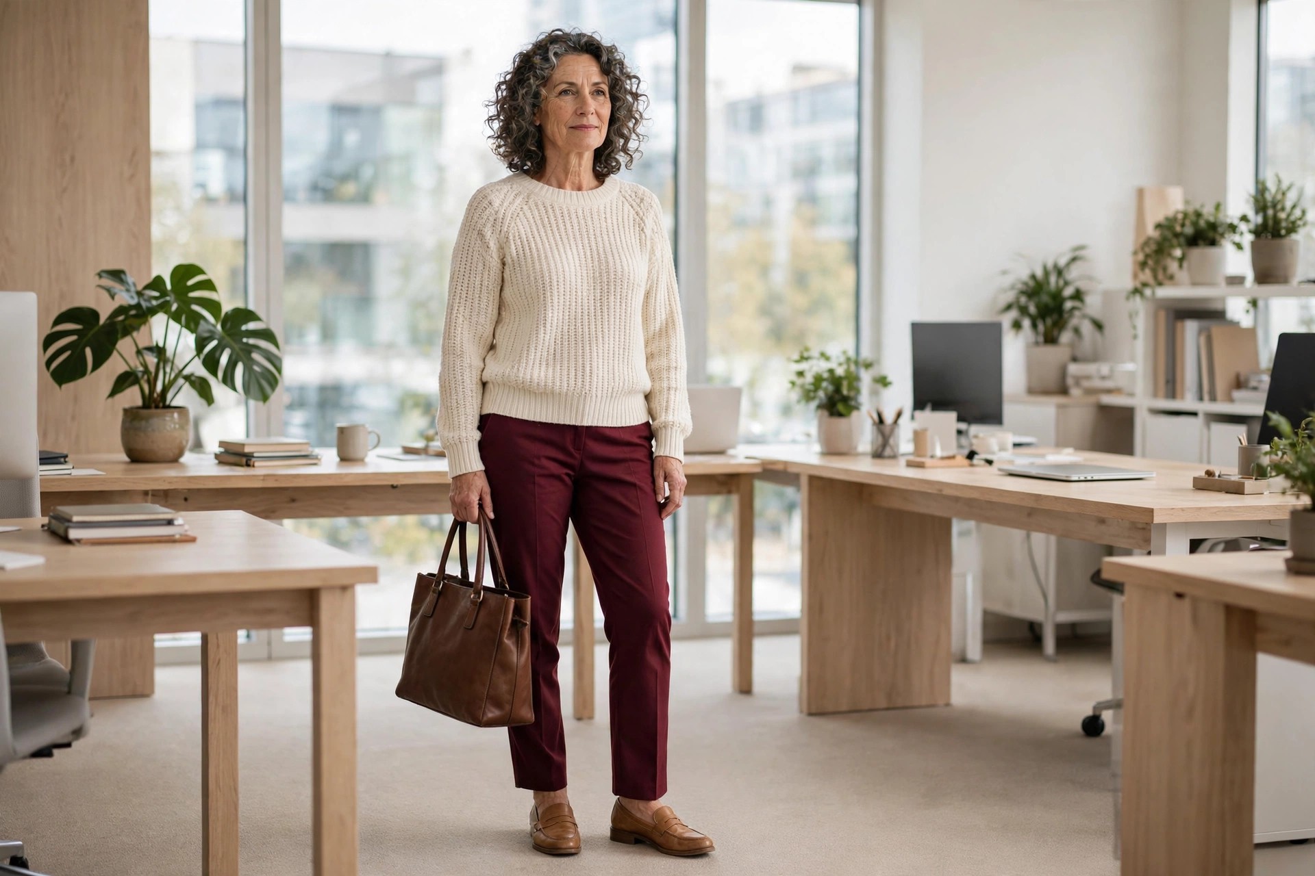 Woman over 50 in burgundy trousers with a cream knit sweater, tan loafers and a brown tote in an office
