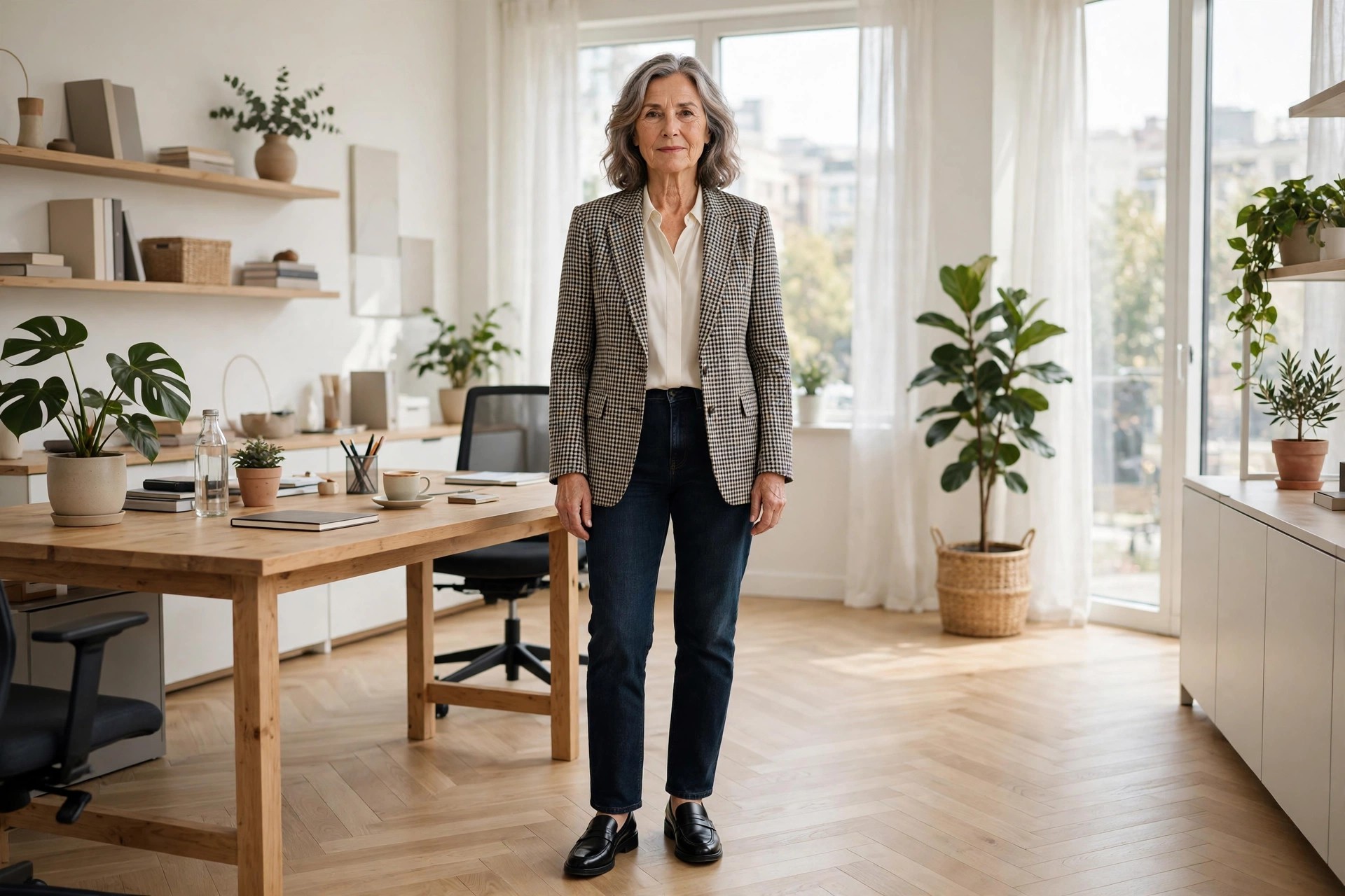 Woman over 50 in dark straight jeans with a checked blazer, cream blouse and black loafers in an office