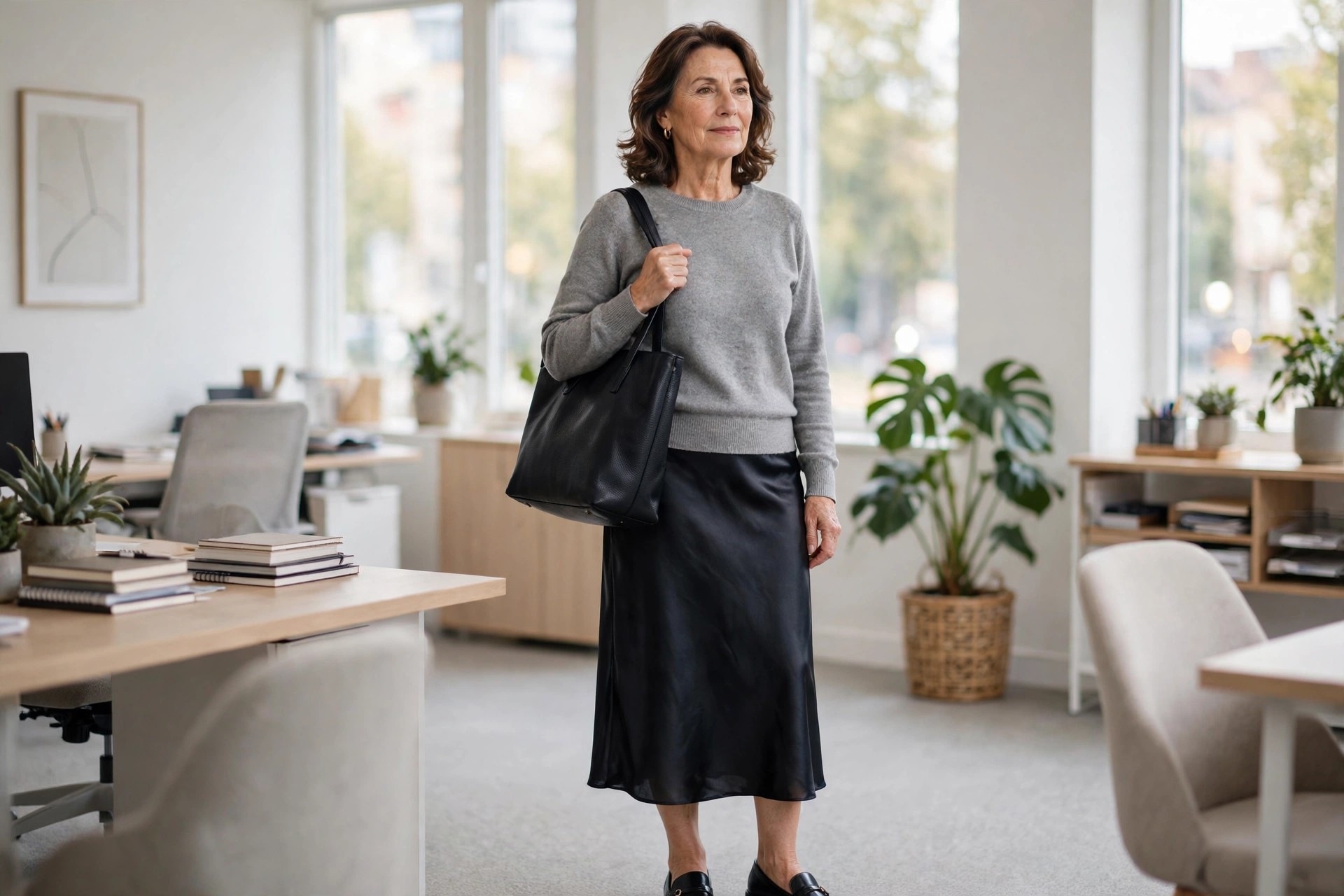 Woman over 50 in a black satin midi skirt with a grey crew sweater and black loafers carrying a black tote in an office