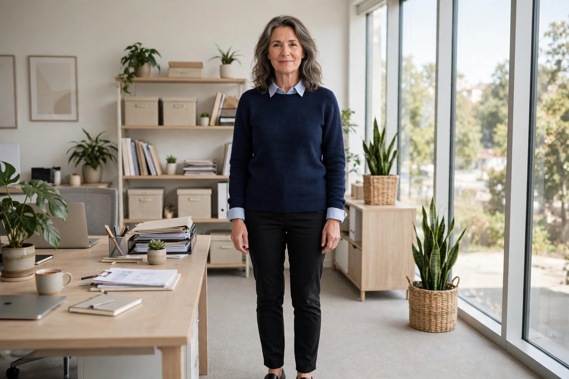Woman over 50 in a navy crew sweater over a pale blue collared shirt with black trousers in an office