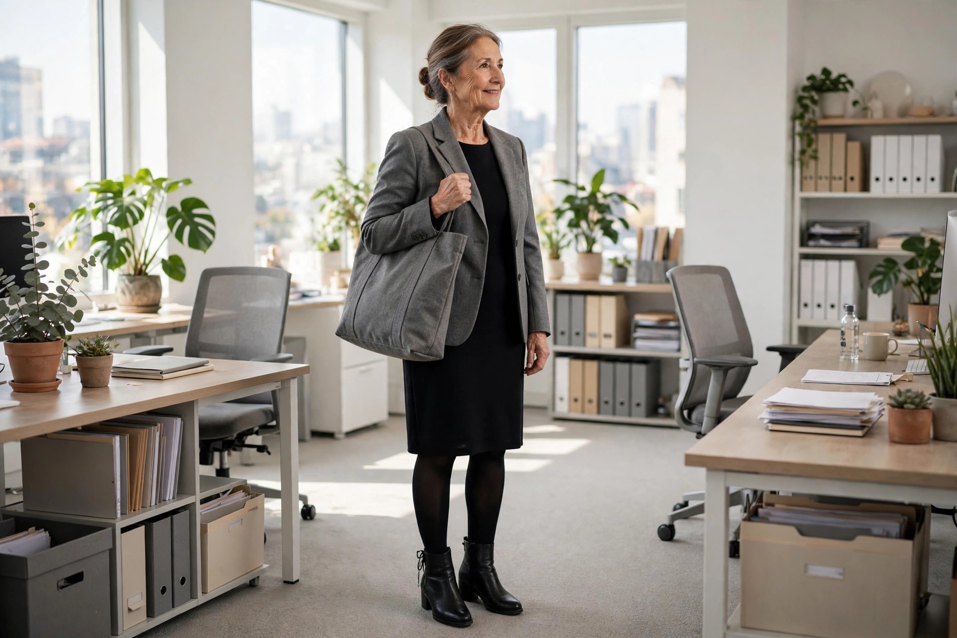 Woman over 50 in a grey suit jacket over a black dress with black tights, ankle boots and a grey tote in an office