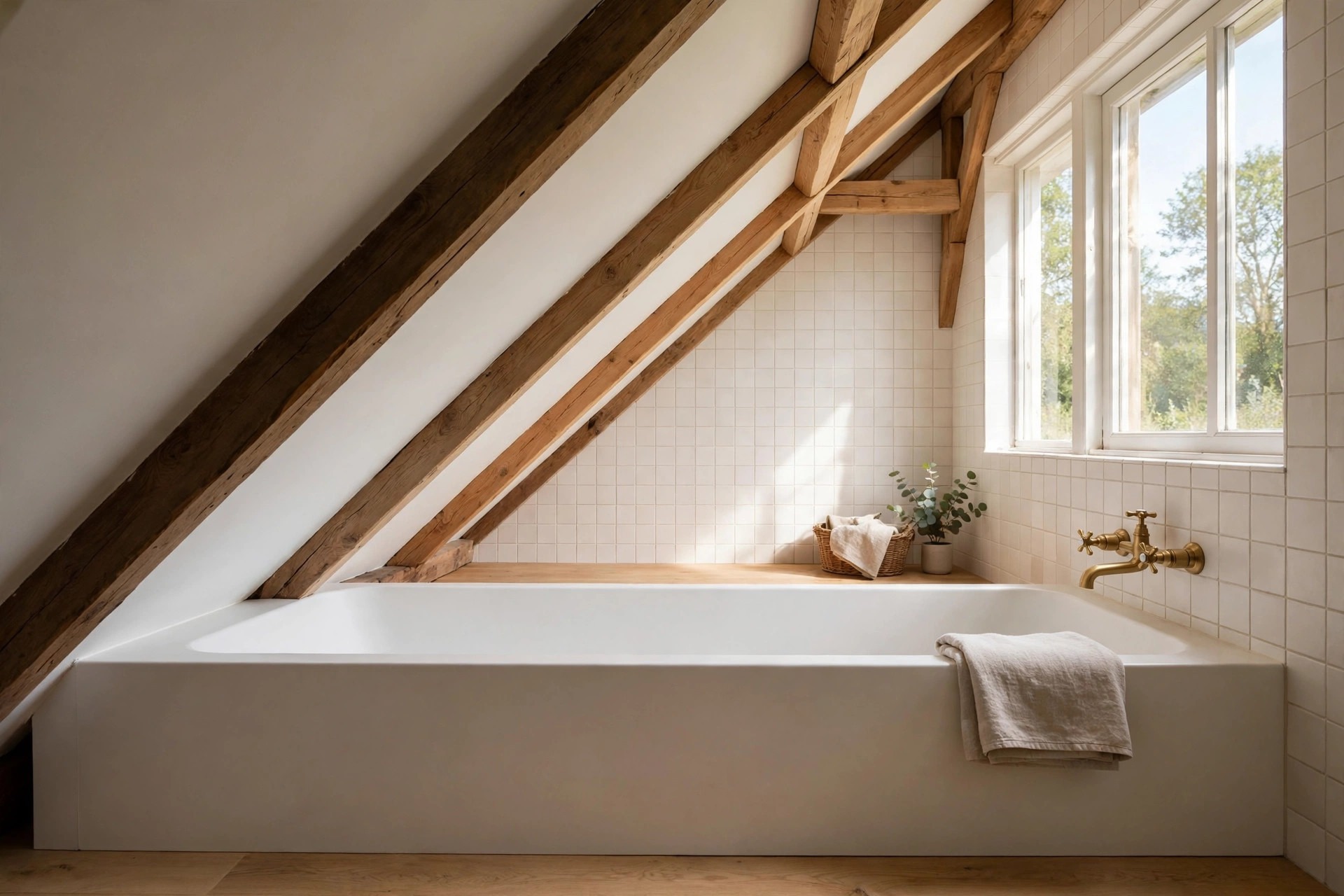 Long white built in tub under a steep beamed slope beside a tiled wall and bright windows, with a folded towel on the rim