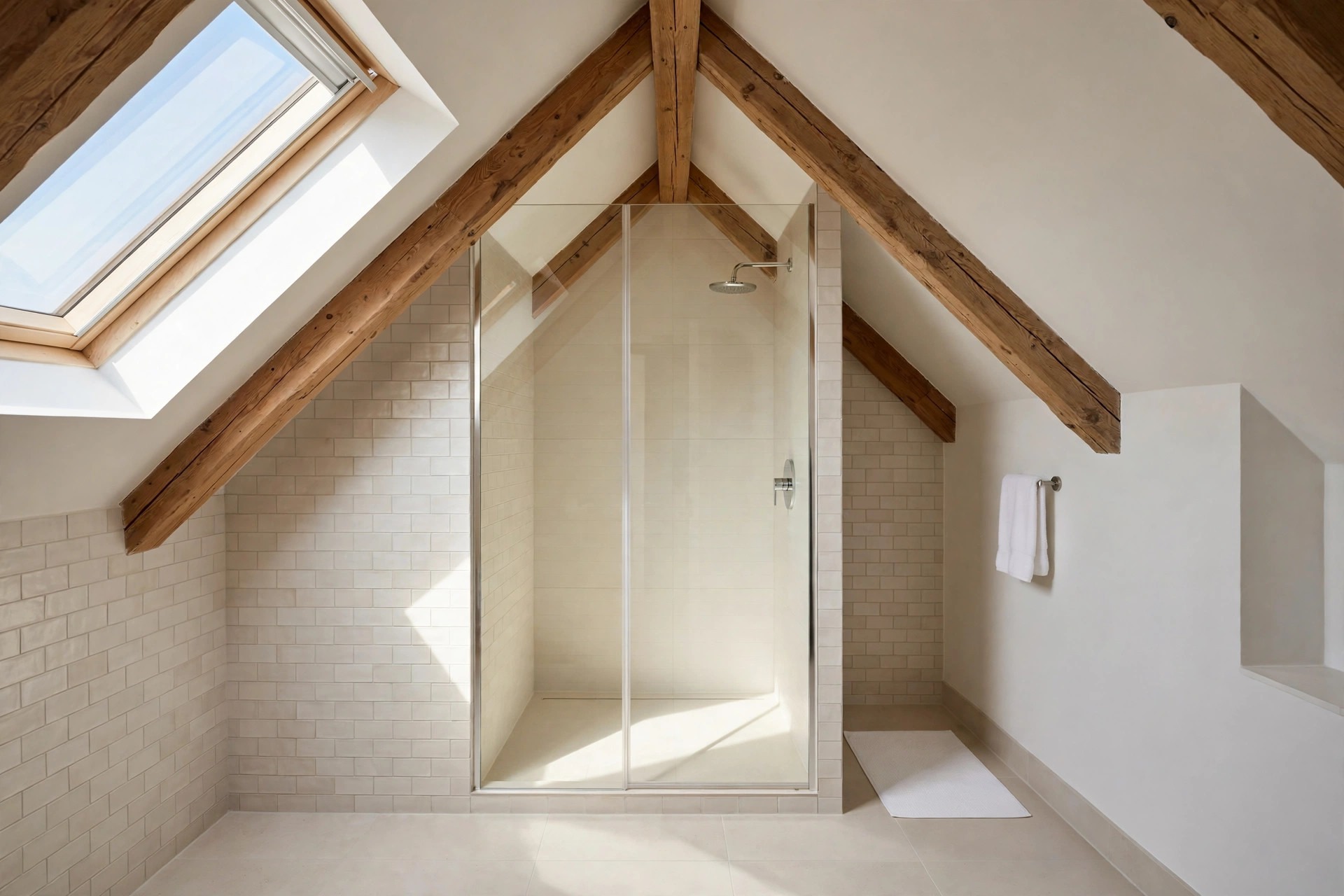 Glass shower at the tall ridge peak of an attic bathroom with beamed slopes, a skylight, and a white towel on the wall