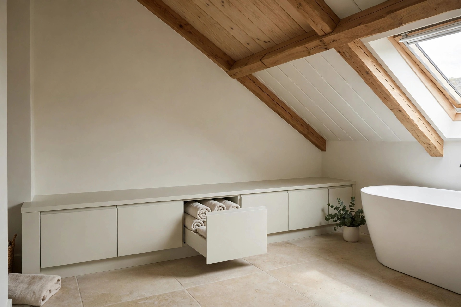 Long run of low cream drawers under a sloped ceiling, with one drawer open showing rolled towels, beside a white freestanding tub