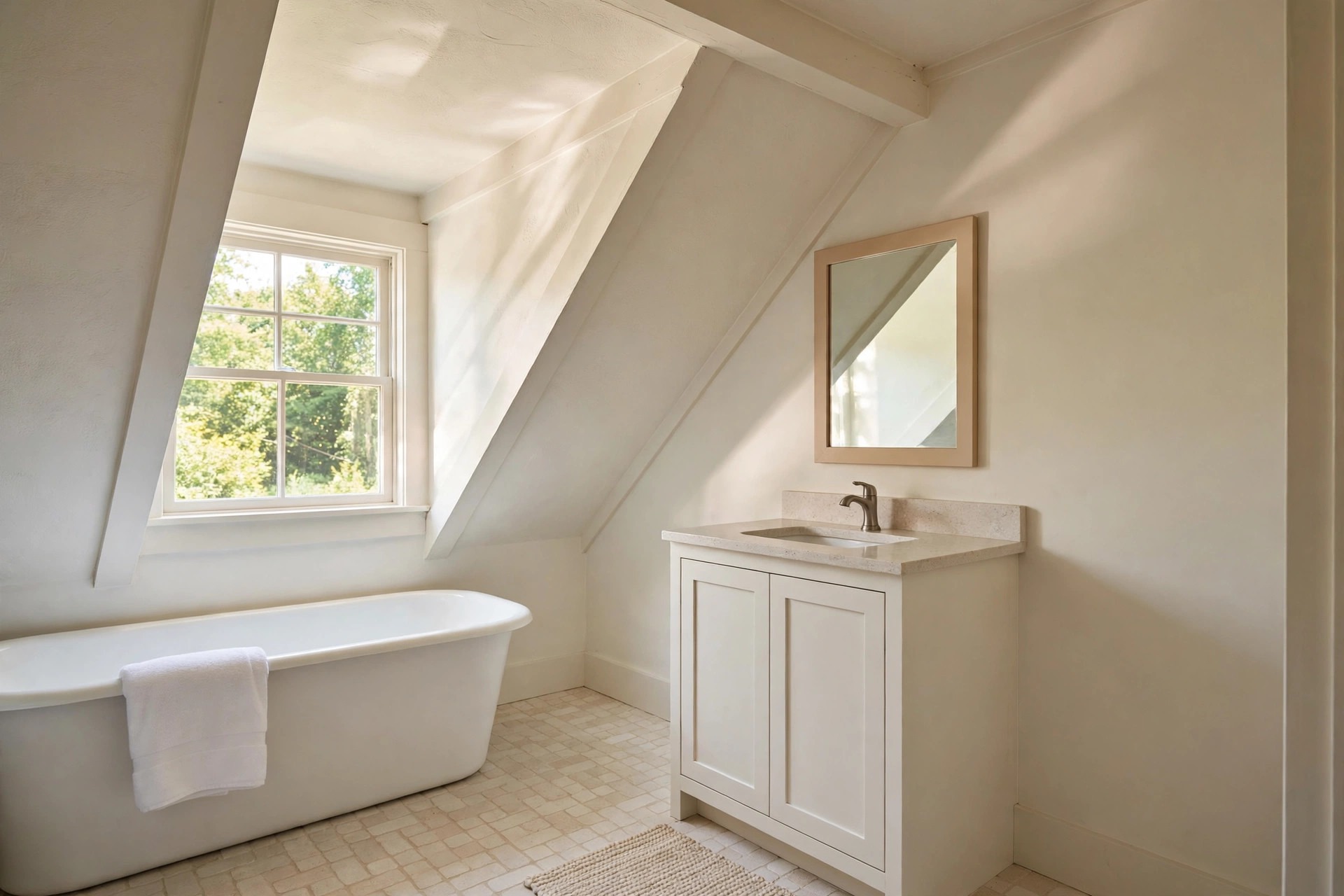 Attic bathroom with the slope and walls all in warm white, a freestanding tub by a dormer window, and a white vanity with a framed mirror