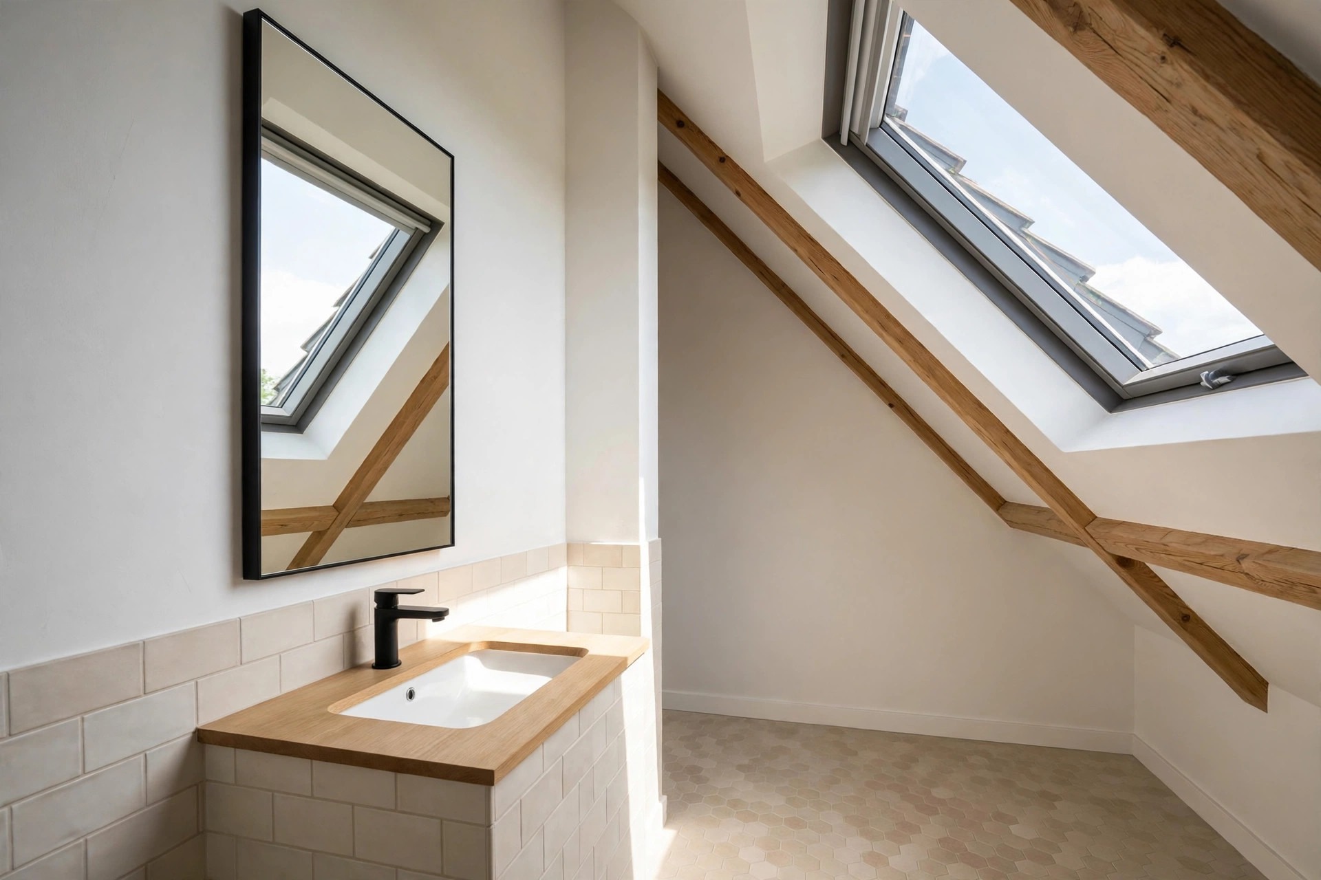 Tall black framed mirror on a tall wall above a wood top sink, reflecting a roof window in the sloped ceiling opposite